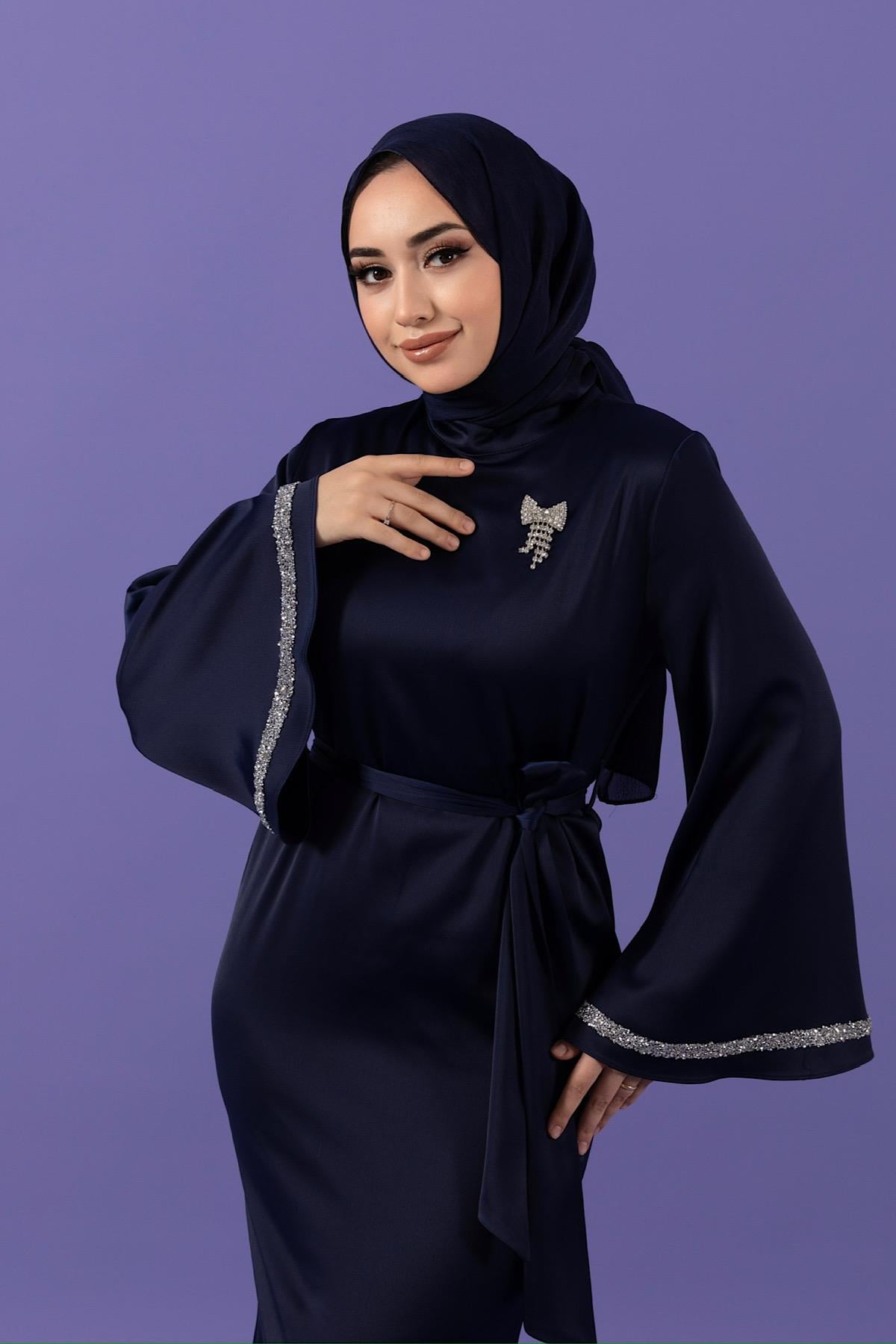 Kolları Taş Detay Saten Abiye Lacivert