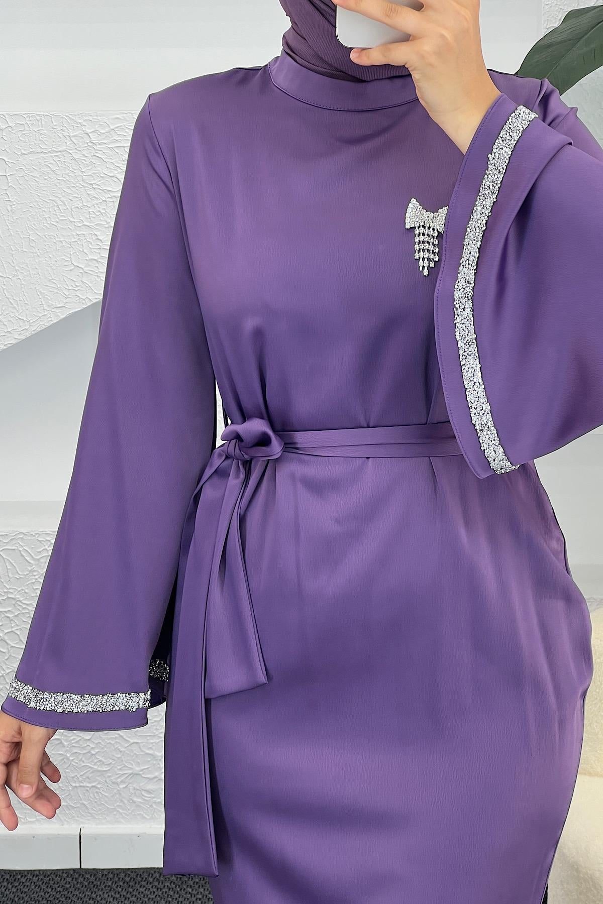 Kolları Taş Detay Saten Abiye Mor
