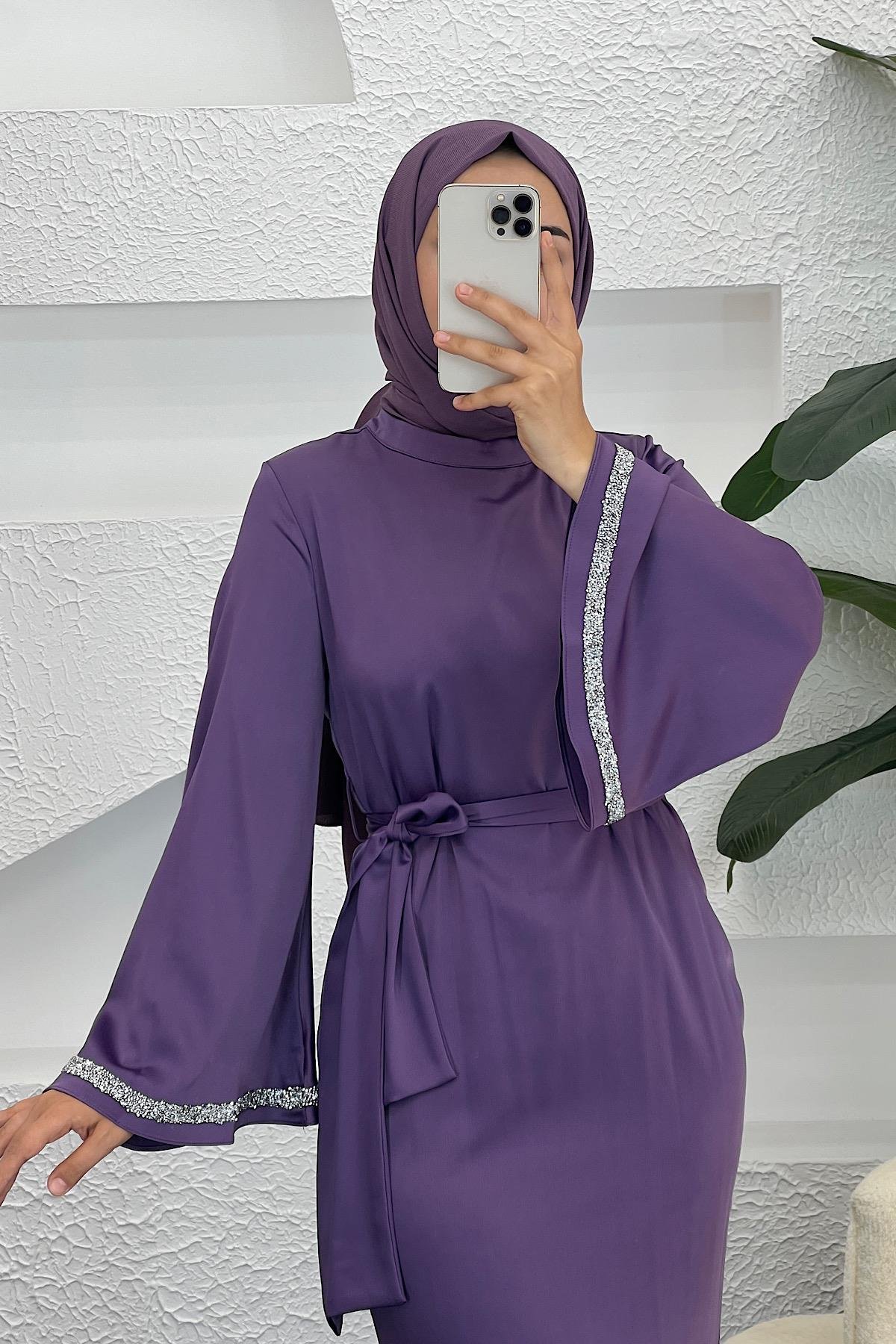 Kolları Taş Detay Saten Abiye Mor