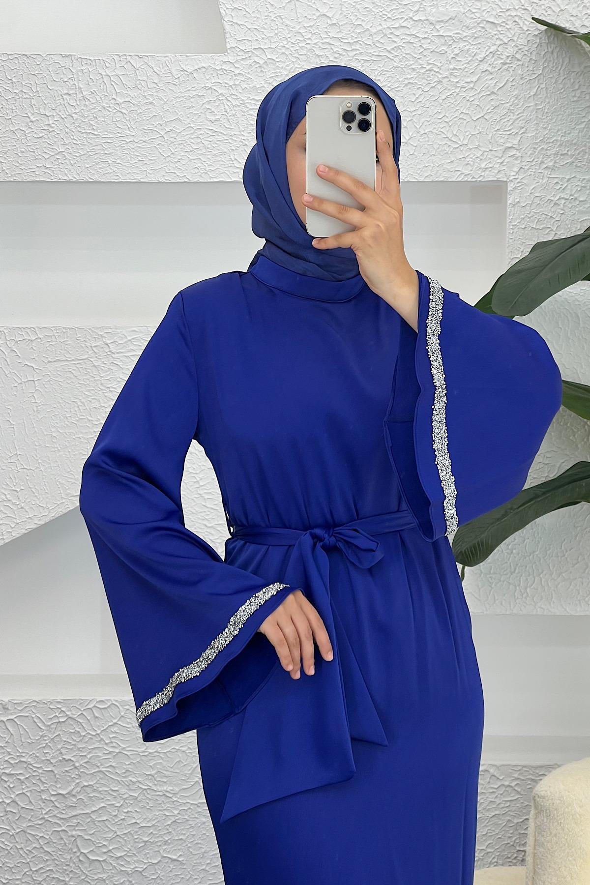 Kolları Taş Detay Saten Abiye Saks
