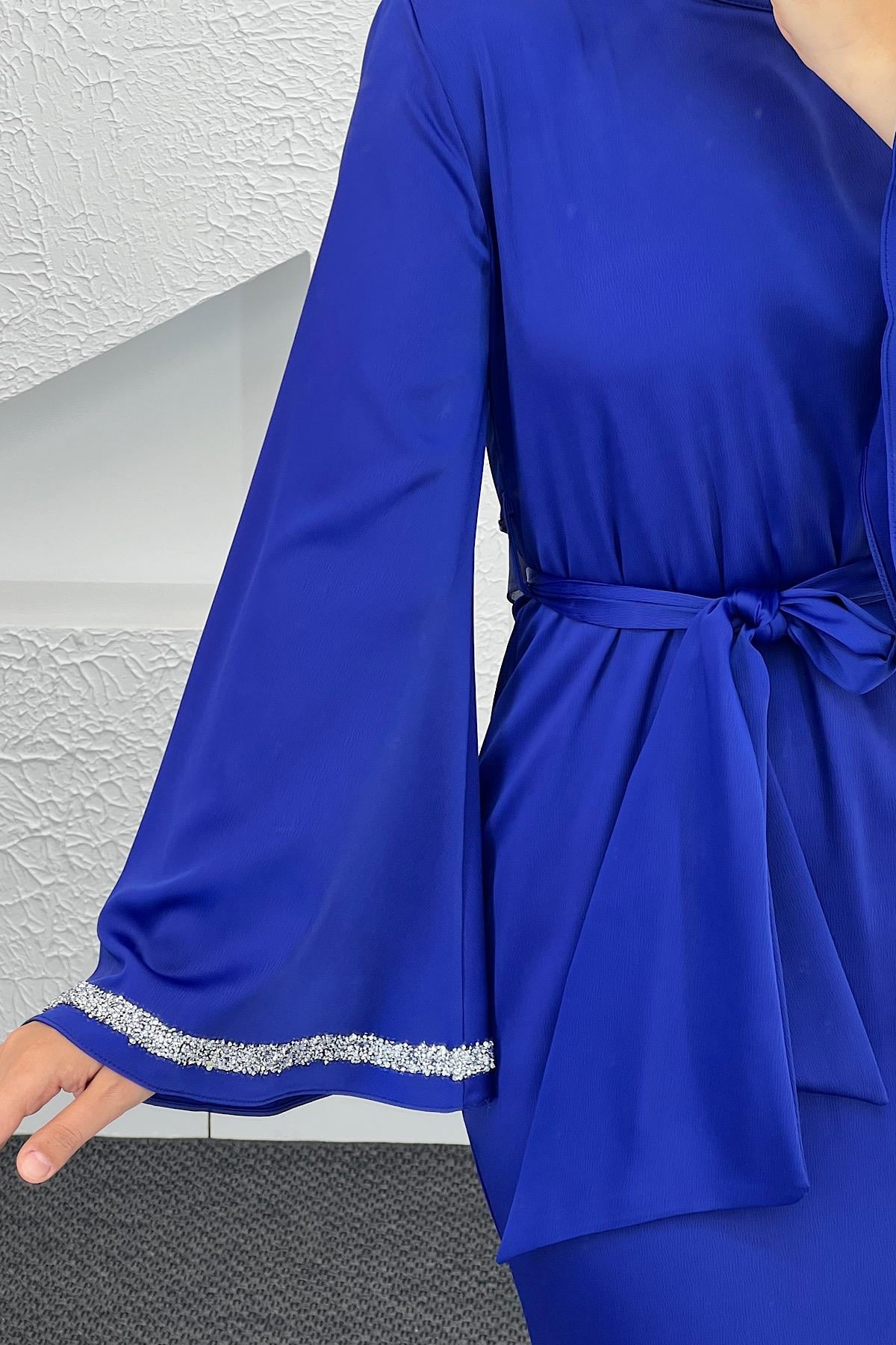 Kolları Taş Detay Saten Abiye Saks
