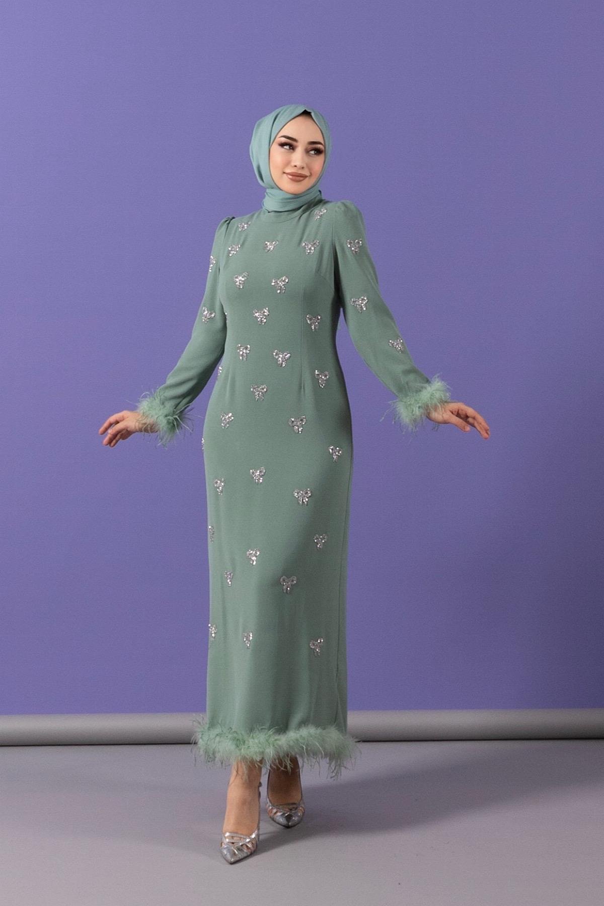 Kolları Tüy Detay Taş İşlemeli Abiye Mint