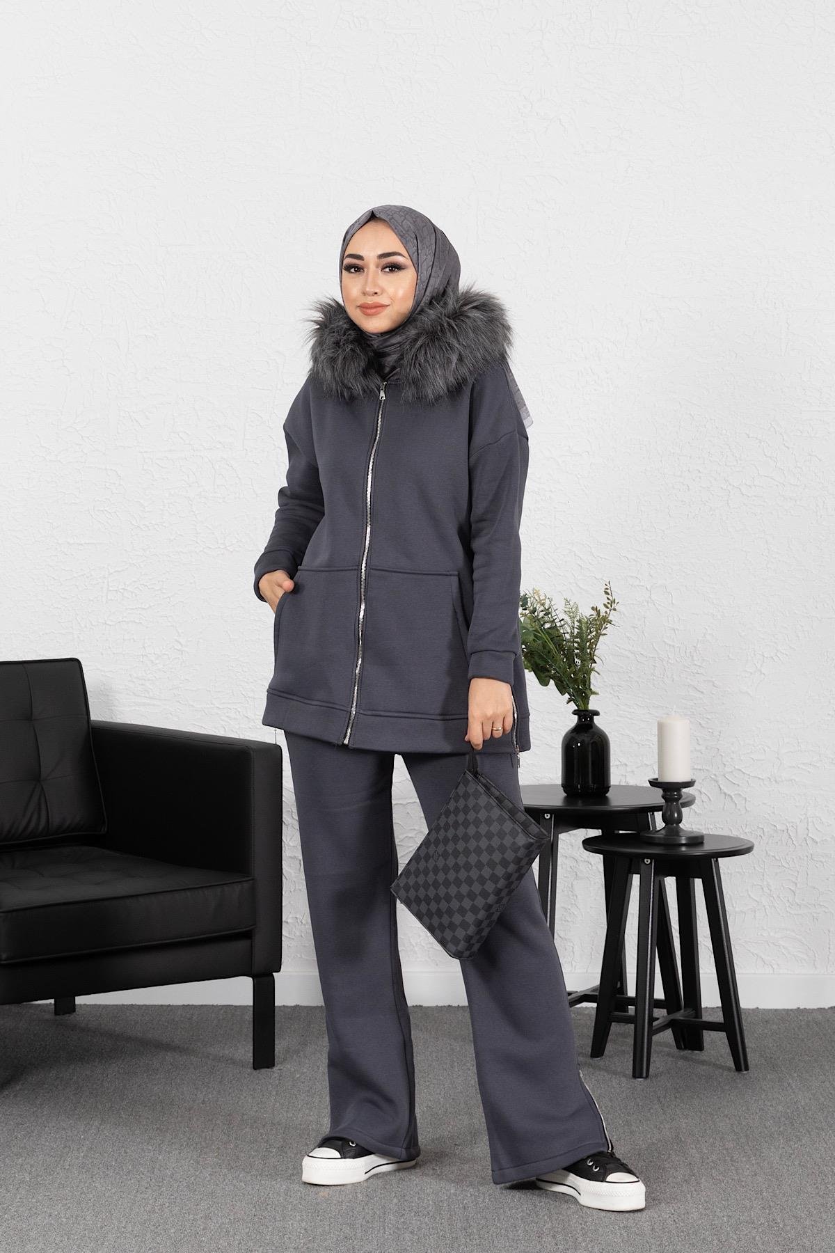 Kürk Detaylı Pantolon Takım Antrasit