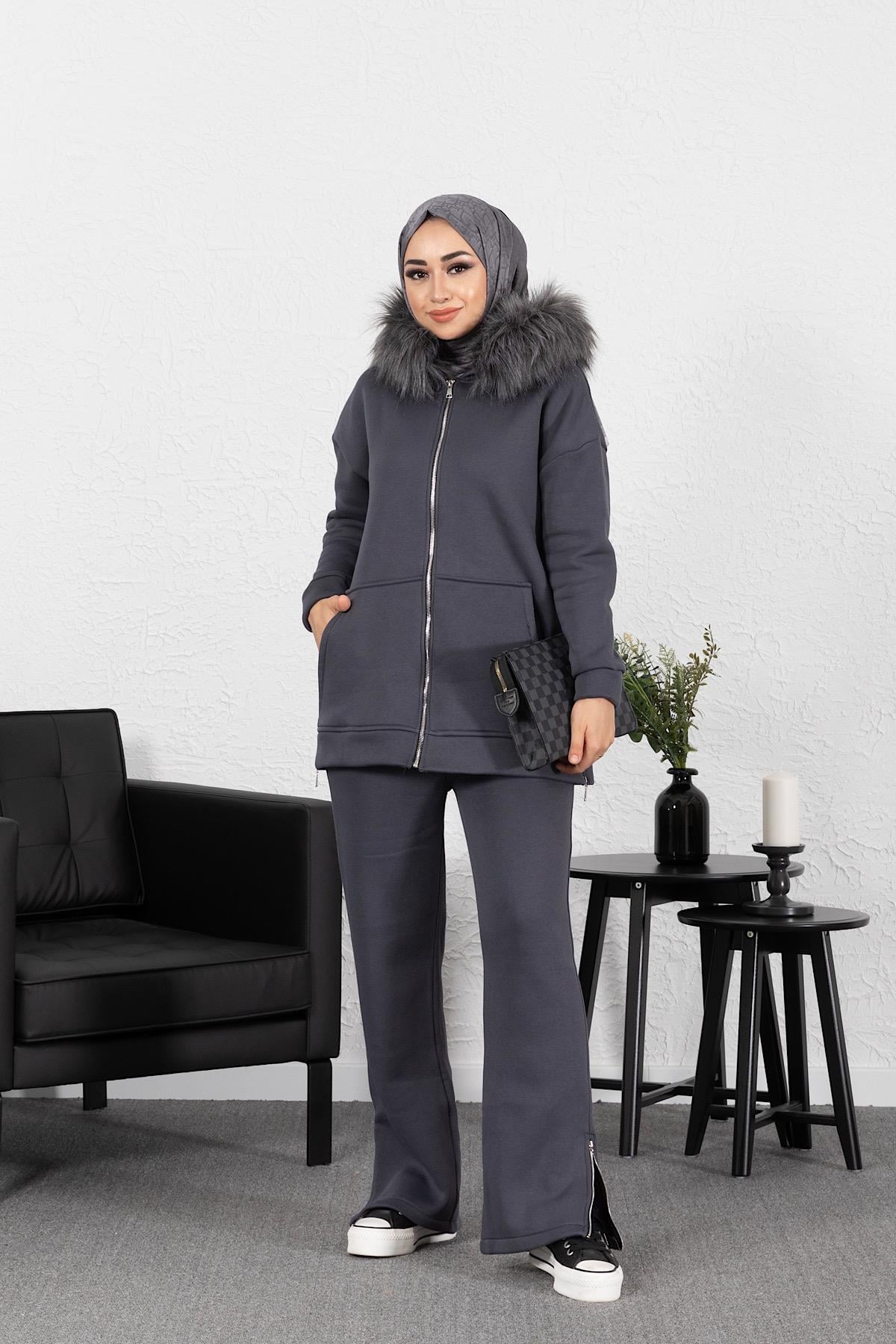 Kürk Detaylı Pantolon Takım Antrasit