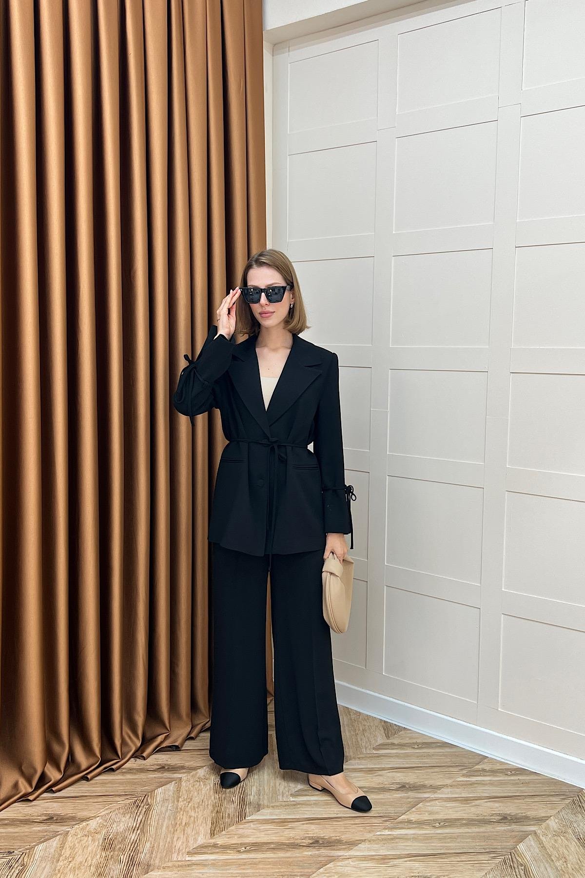 Kuşak Detay Ceket Takım Siyah