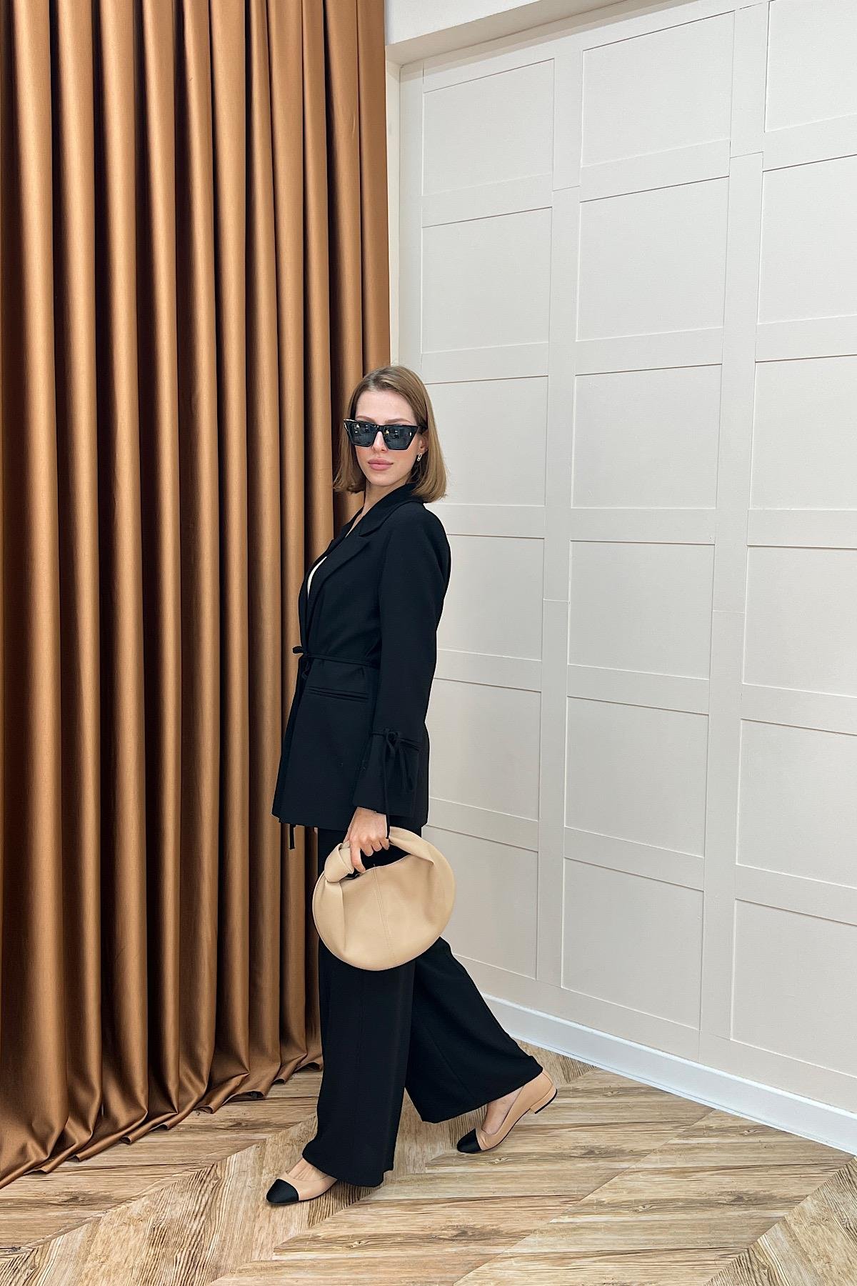 Kuşak Detay Ceket Takım Siyah