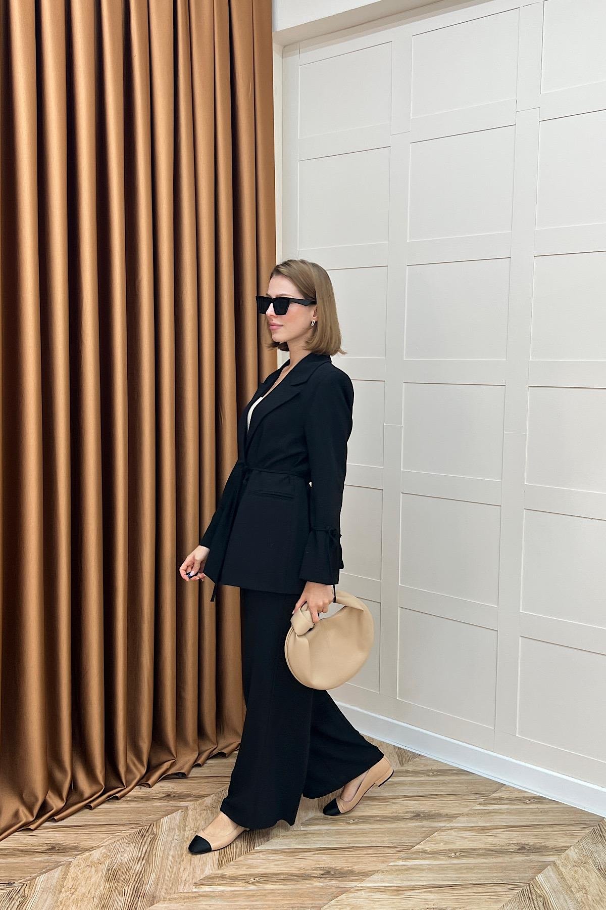 Kuşak Detay Ceket Takım Siyah