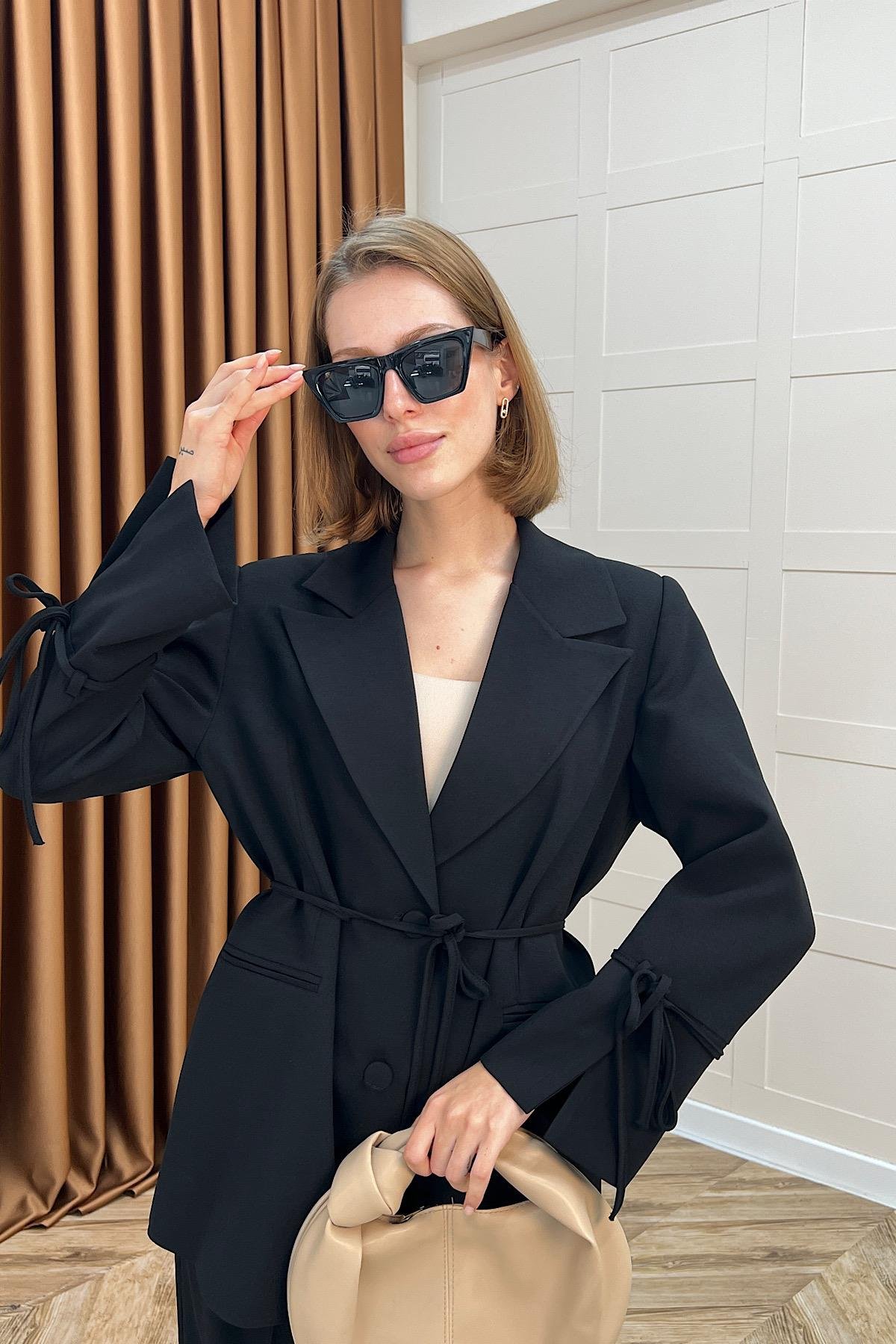 Kuşak Detay Ceket Takım Siyah