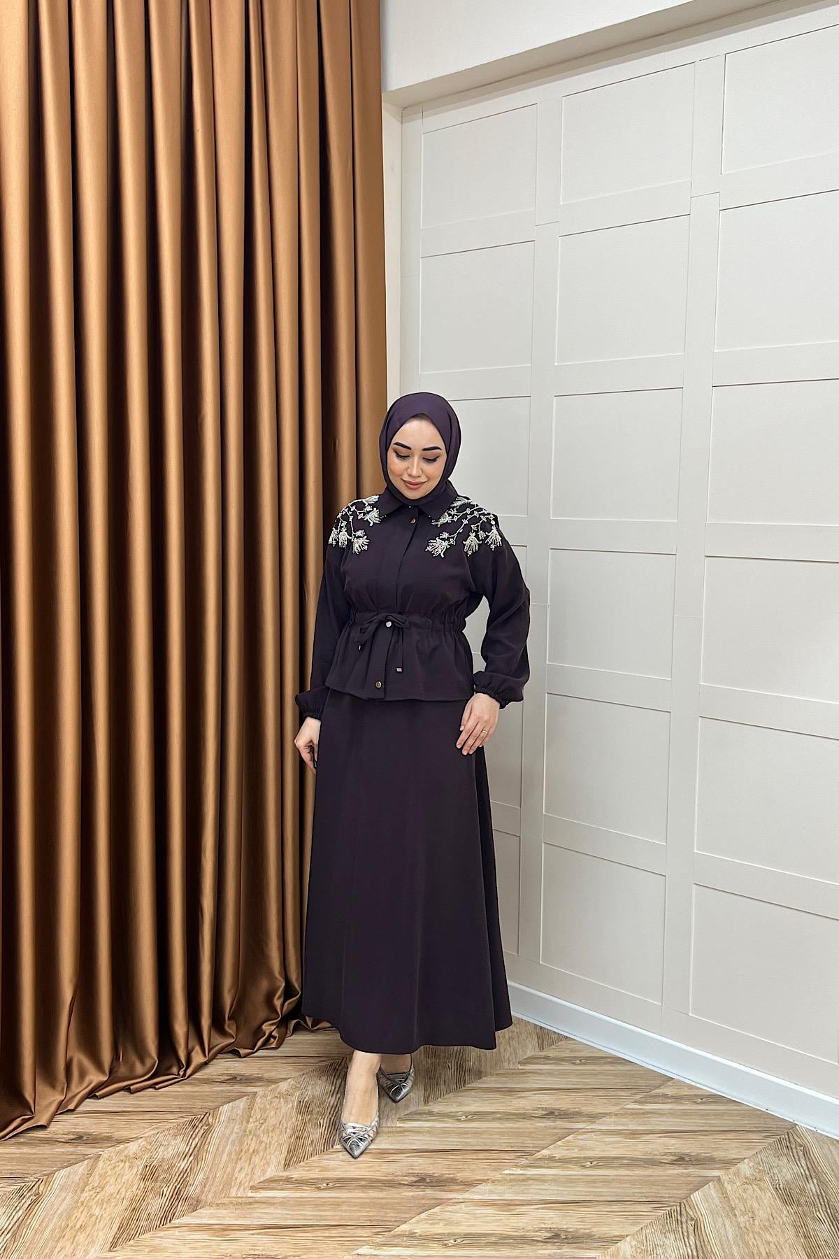 Laura Taş İşlemeli Etek Takım Mürdüm