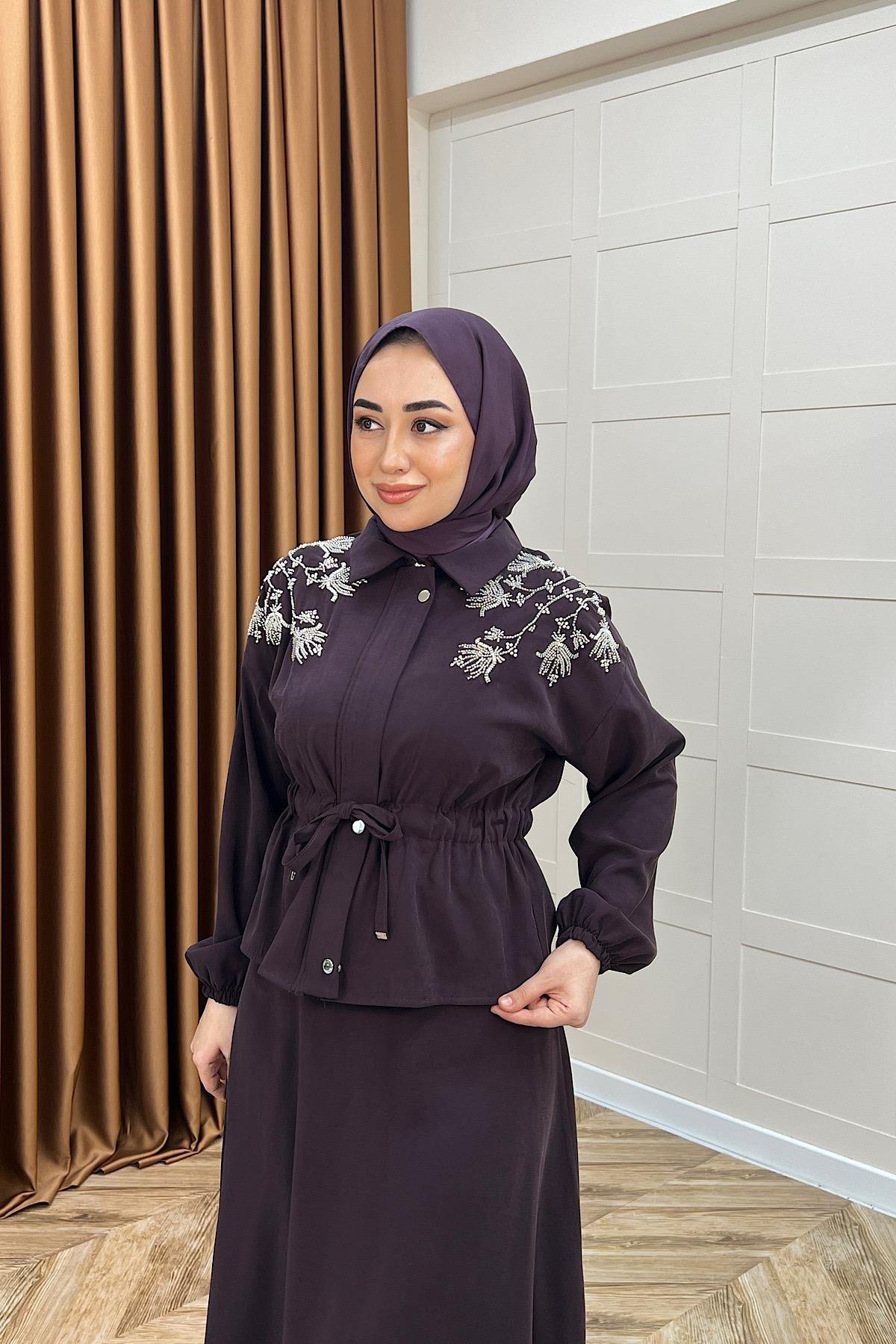 Laura Taş İşlemeli Etek Takım Mürdüm