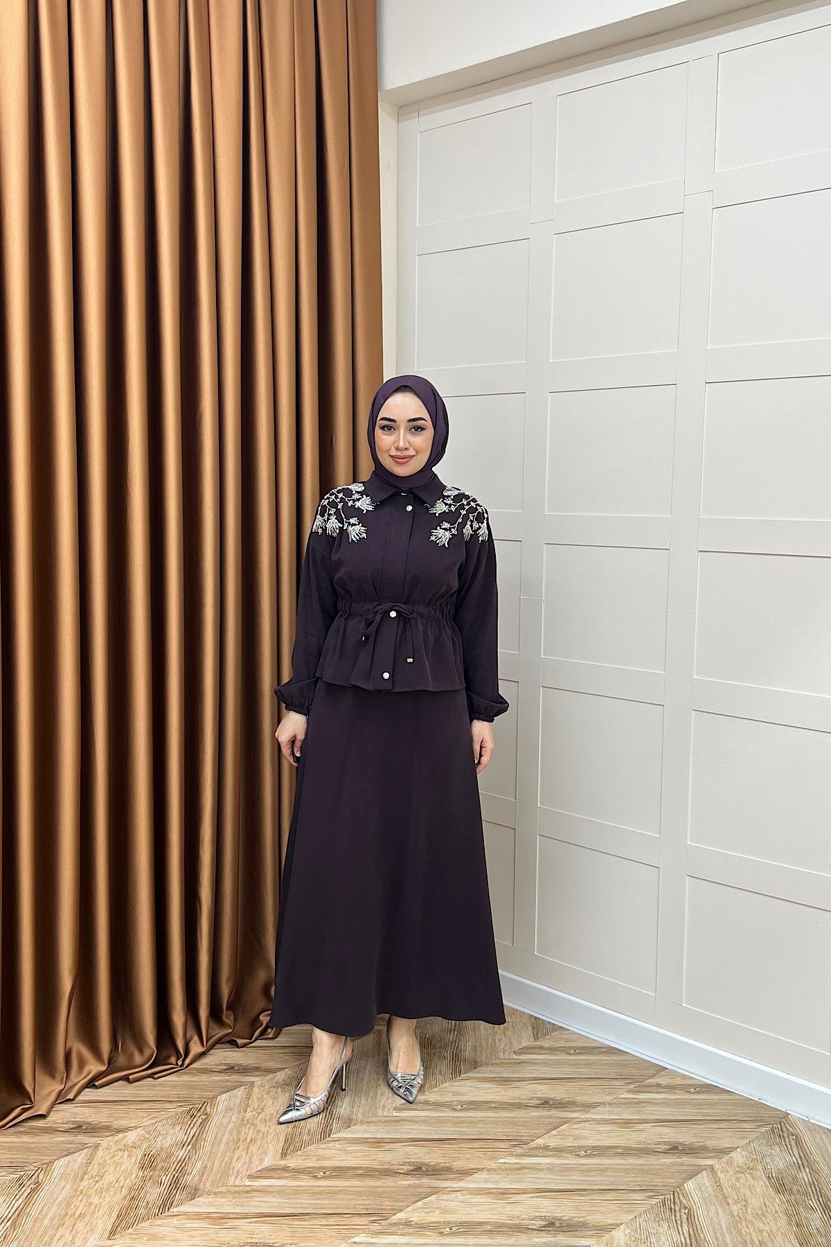 Laura Taş İşlemeli Etek Takım Mürdüm