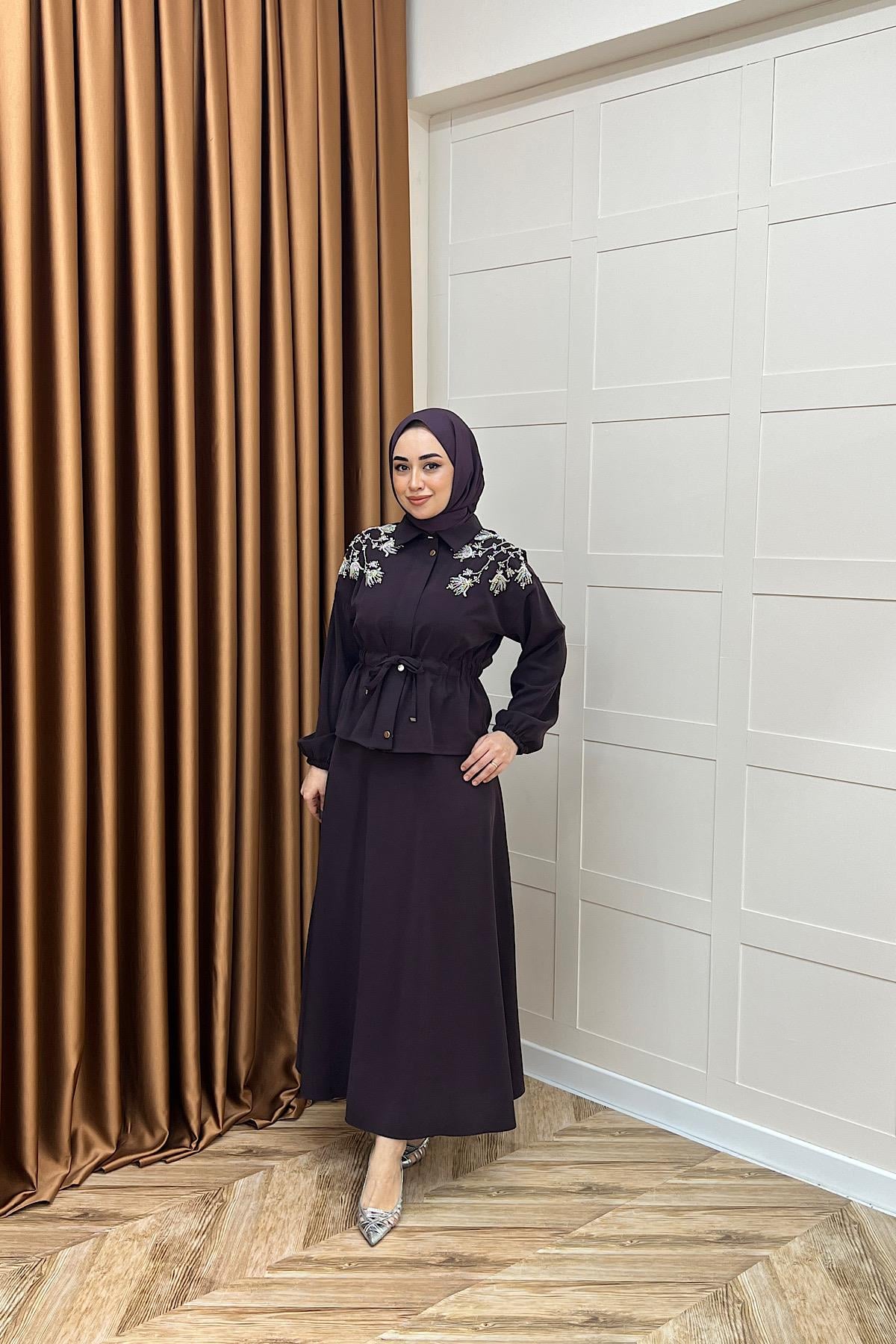 Laura Taş İşlemeli Etek Takım Mürdüm