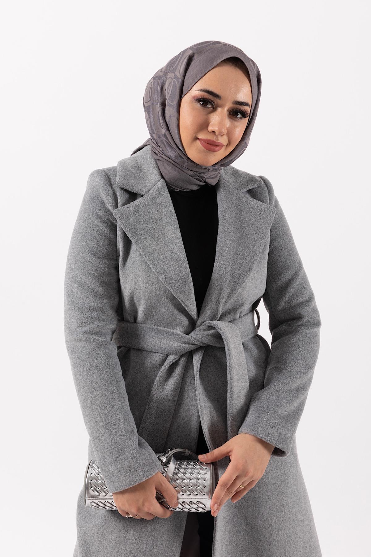 Leila Kuşaklı Uzun Kaban Gri
