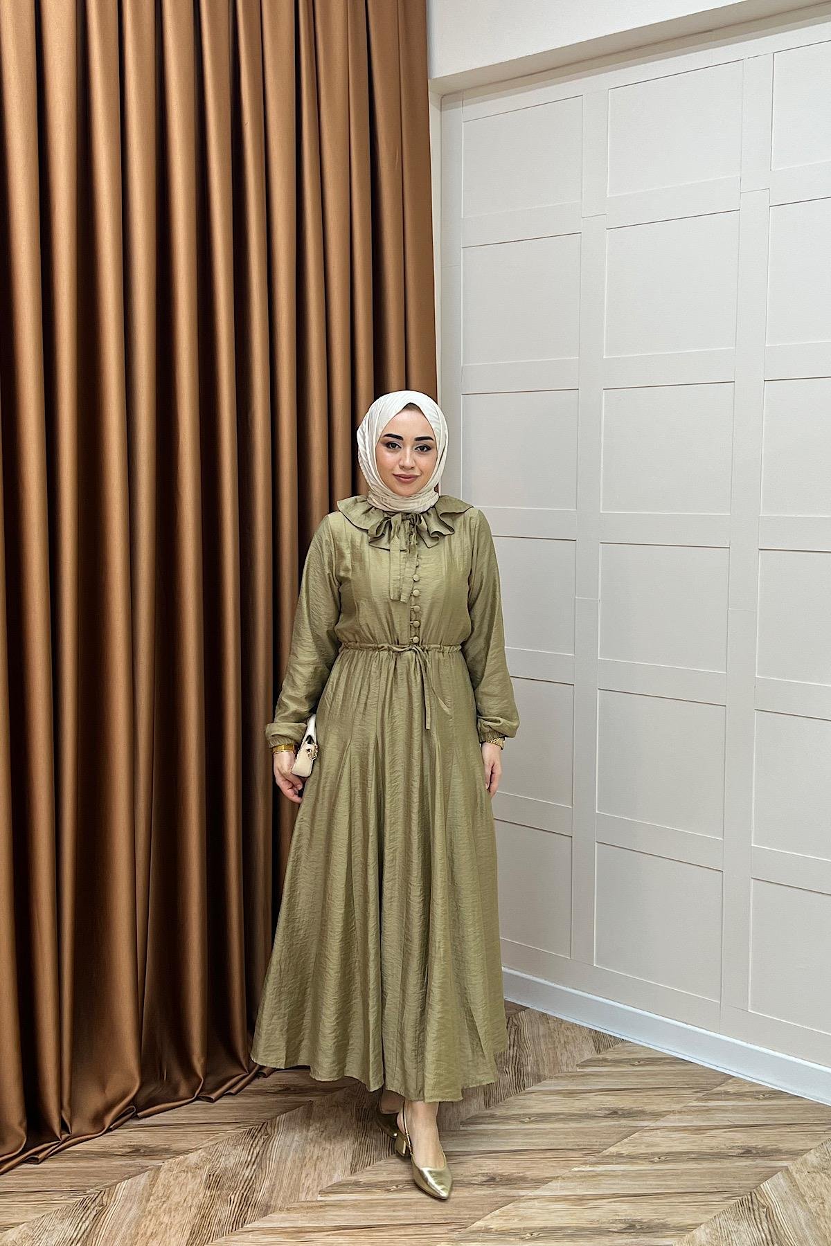 Lena Vual Elbise Yağ Yeşili