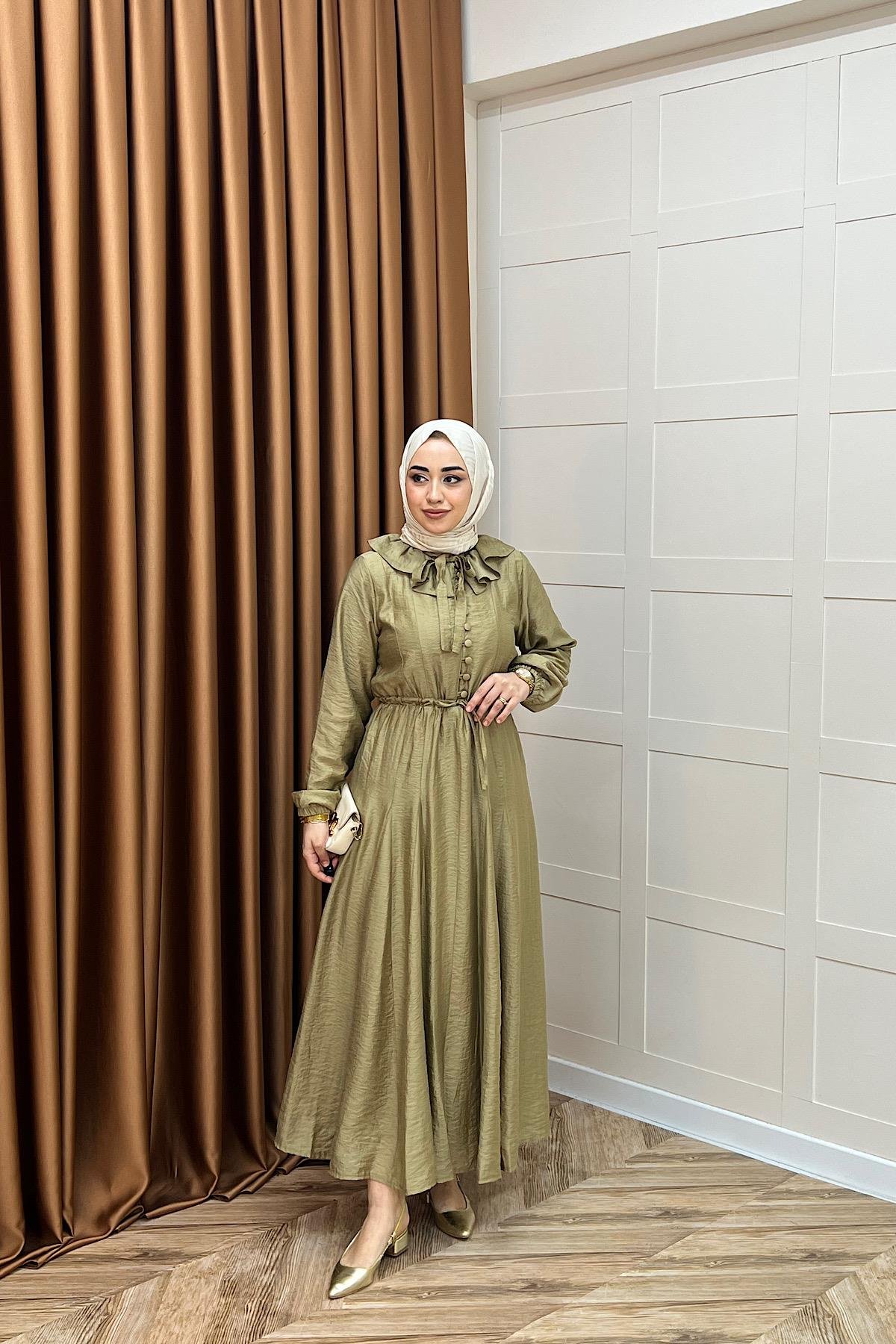 Lena Vual Elbise Yağ Yeşili