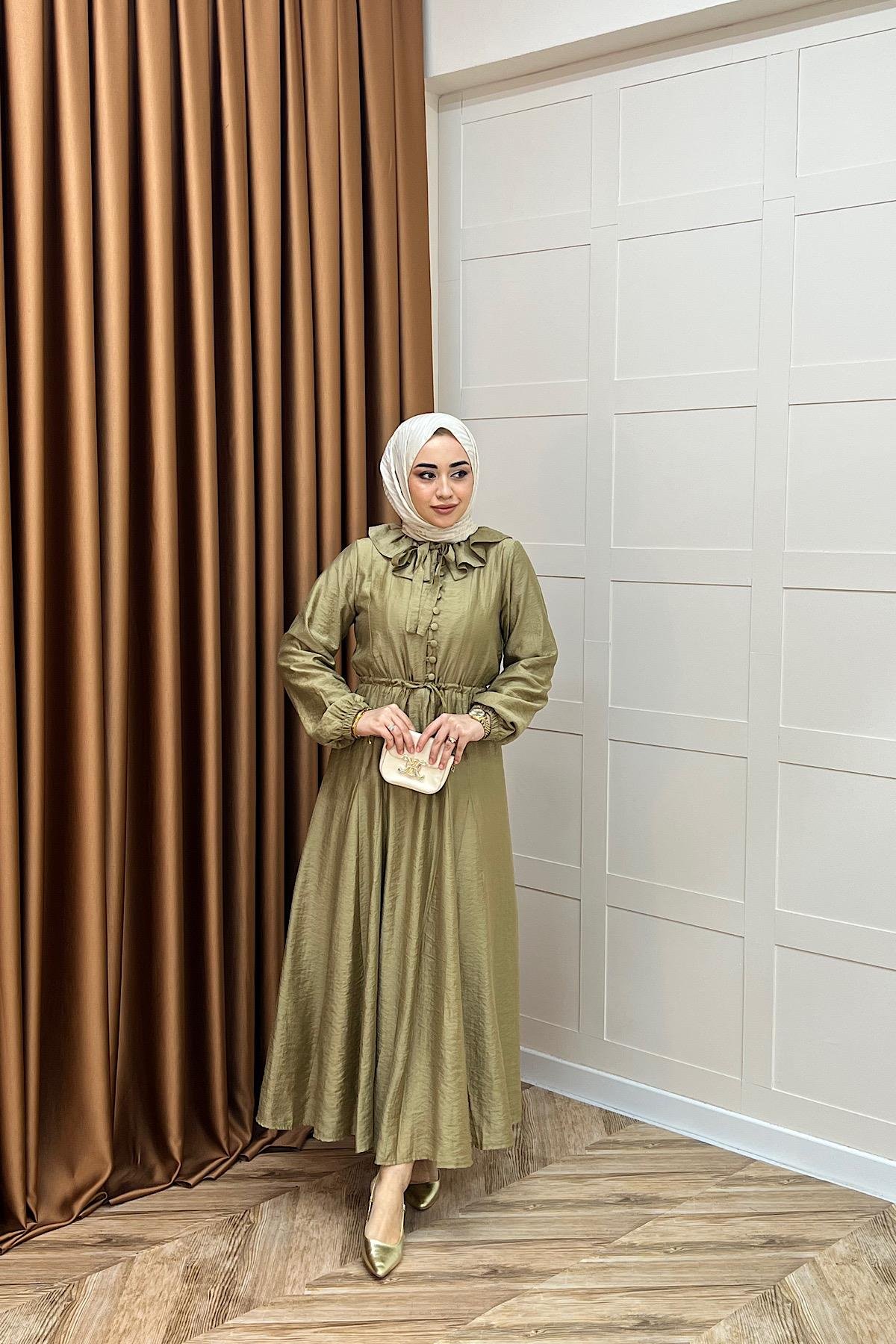 Lena Vual Elbise Yağ Yeşili