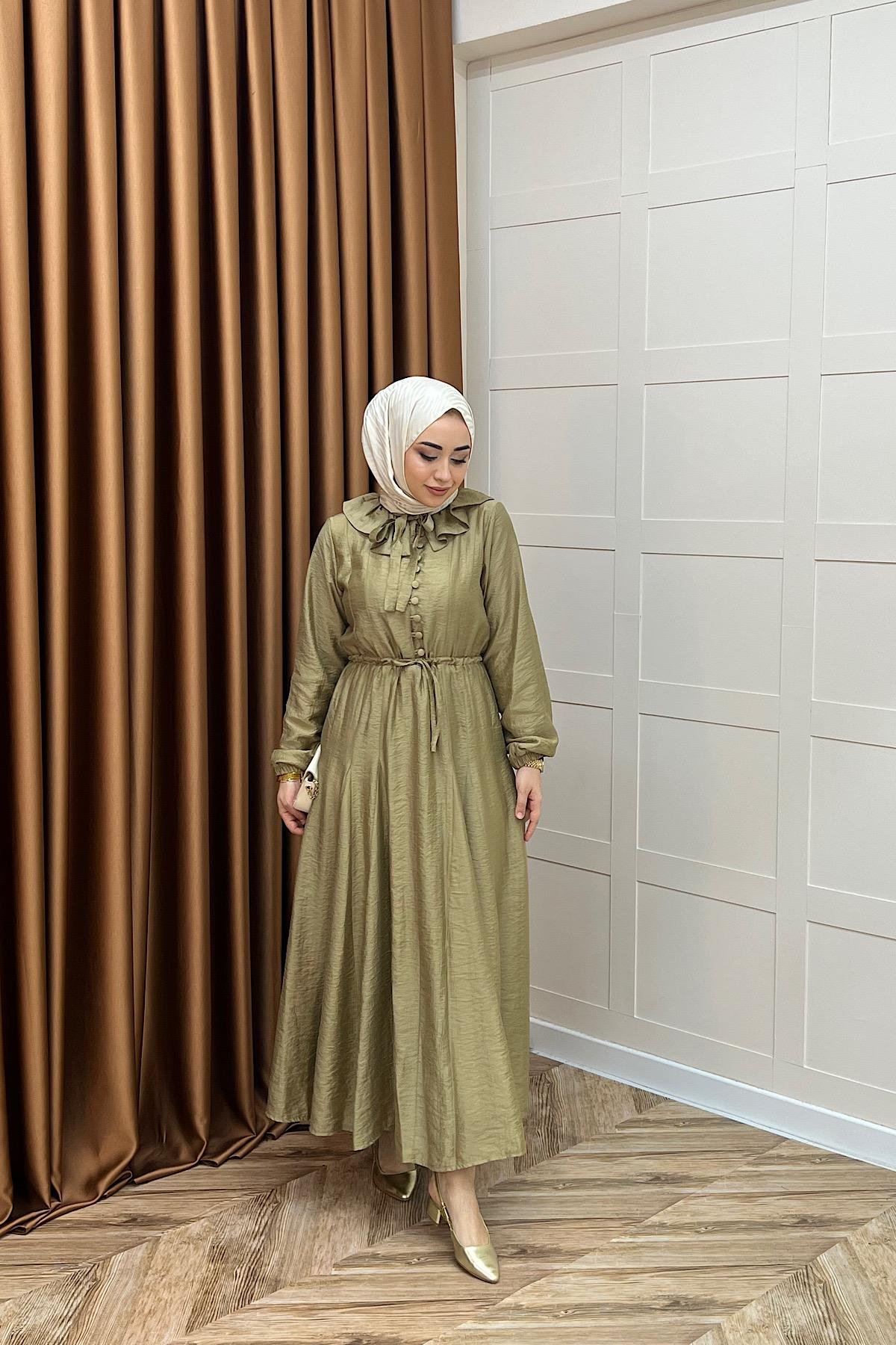 Lena Vual Elbise Yağ Yeşili