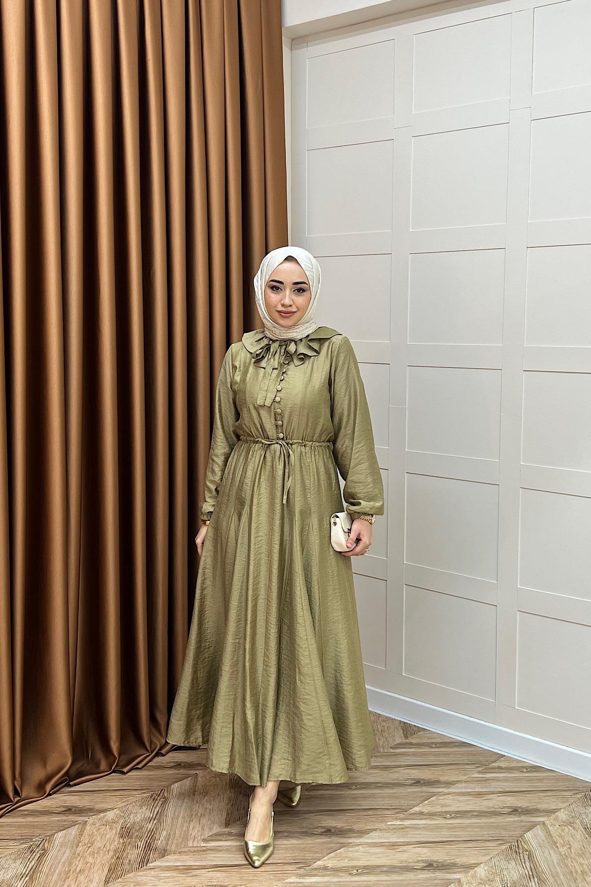 Lena Vual Elbise Yağ Yeşili