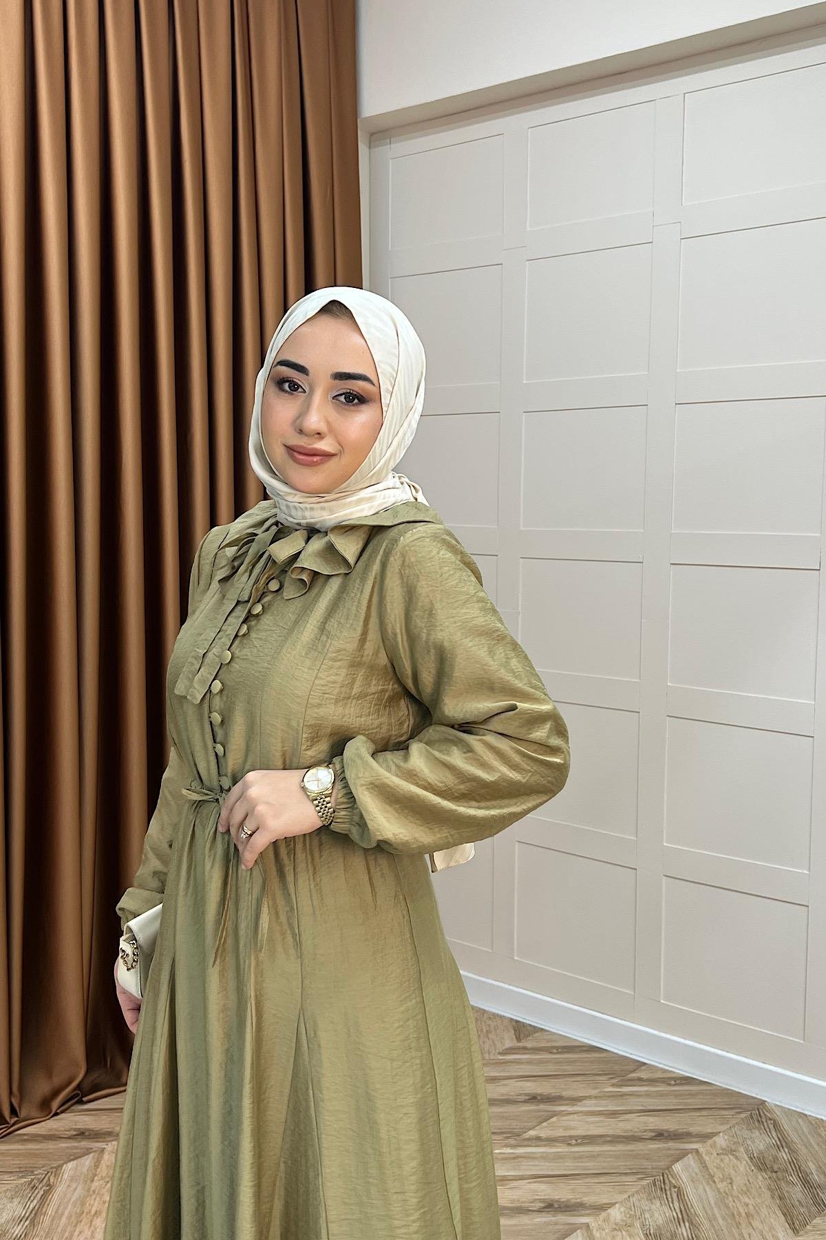 Lena Vual Elbise Yağ Yeşili