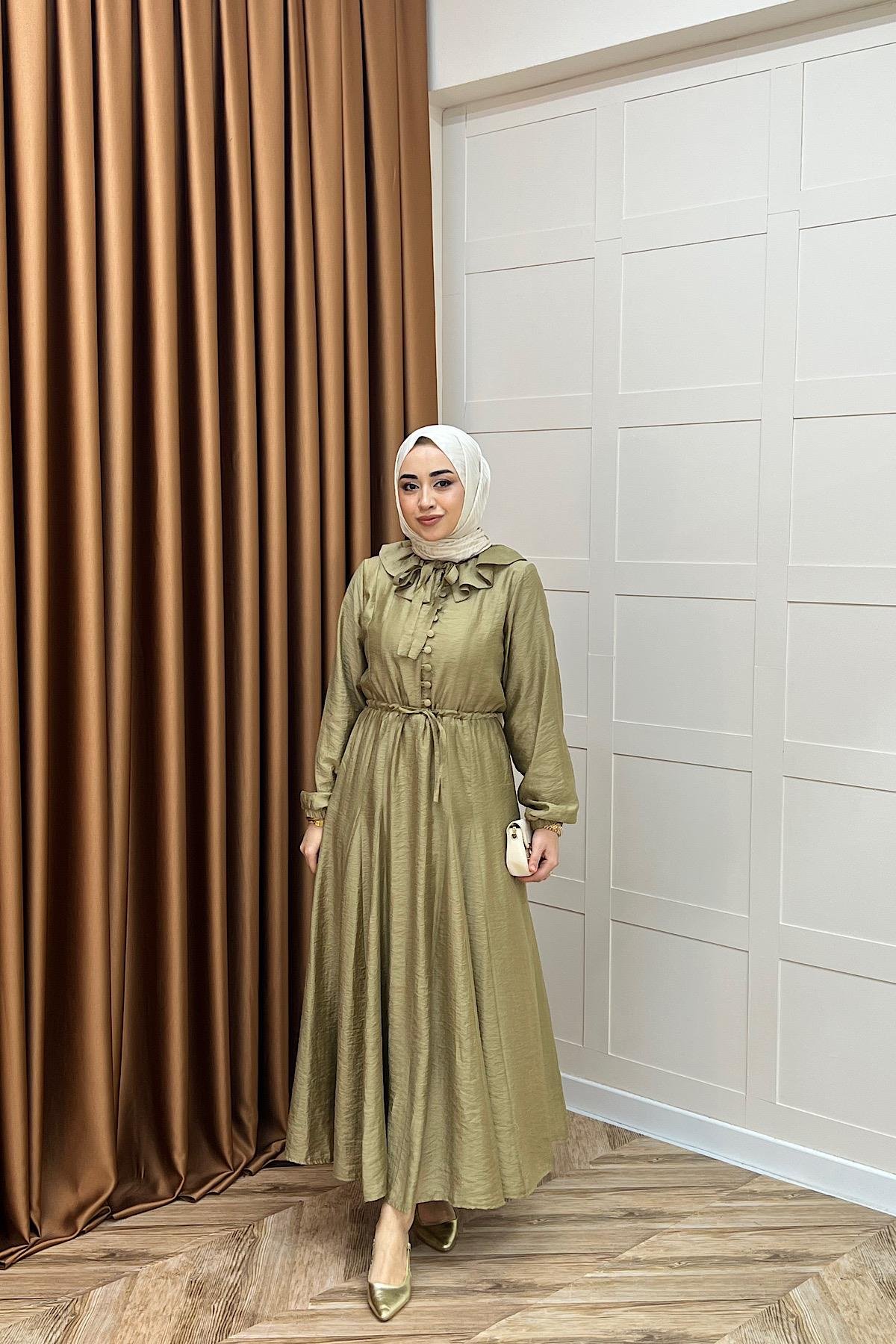 Lena Vual Elbise Yağ Yeşili