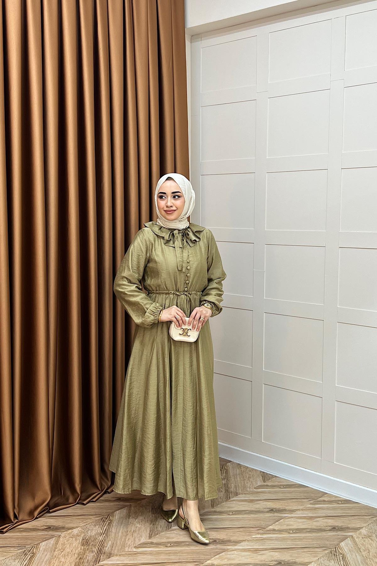 Lena Vual Elbise Yağ Yeşili