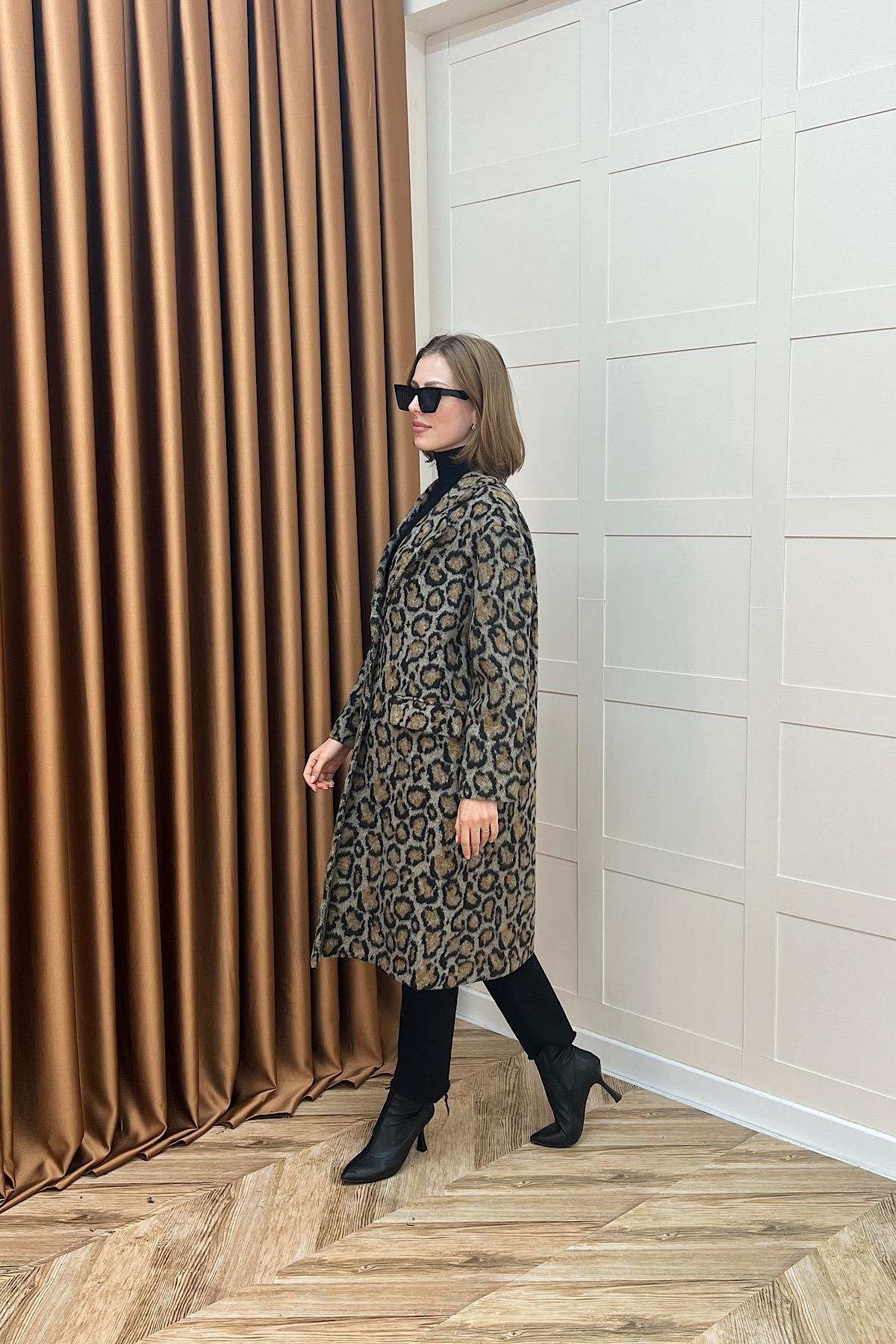 Leopar Desen Kaşe Kaban Kahverengi