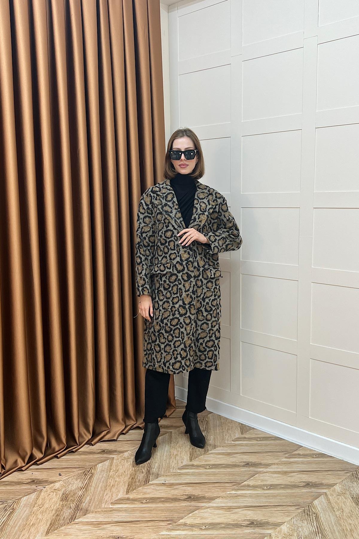 Leopar Desen Kaşe Kaban Kahverengi