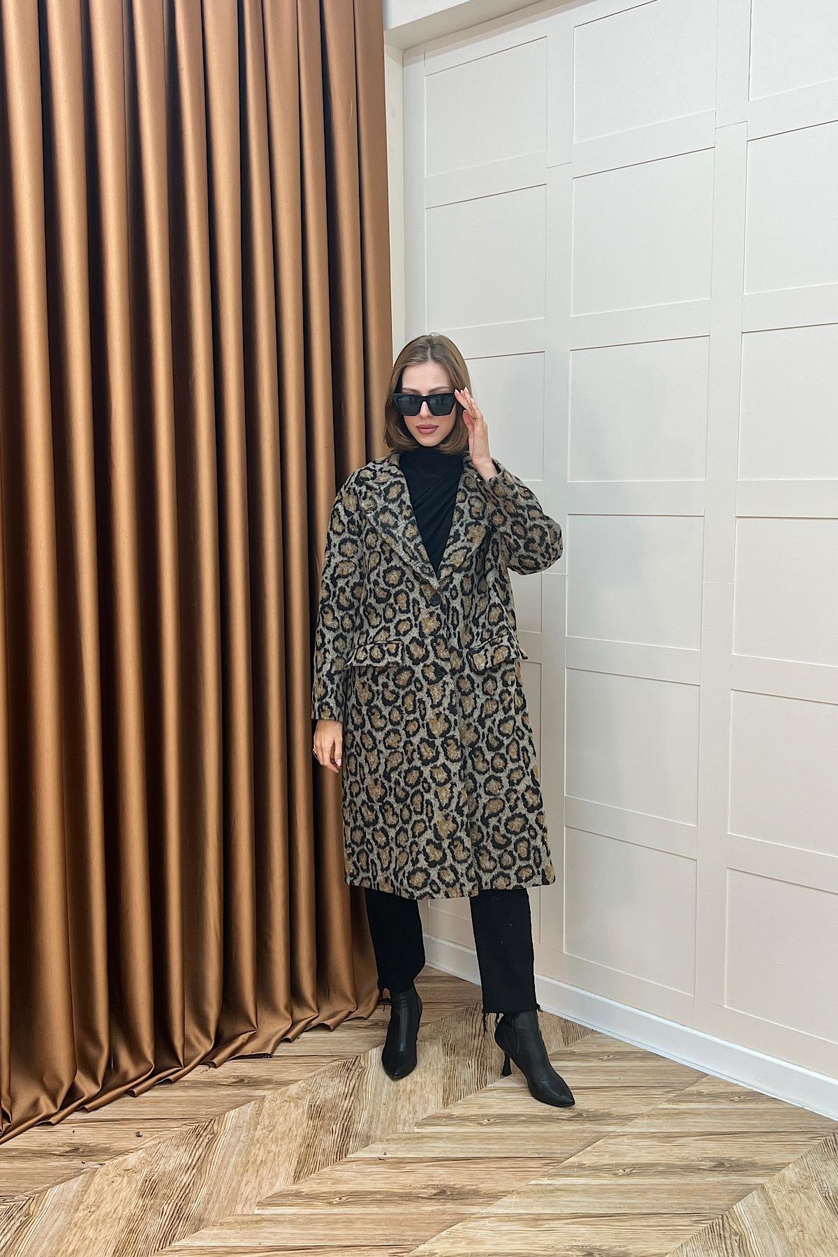 Leopar Desen Kaşe Kaban Kahverengi