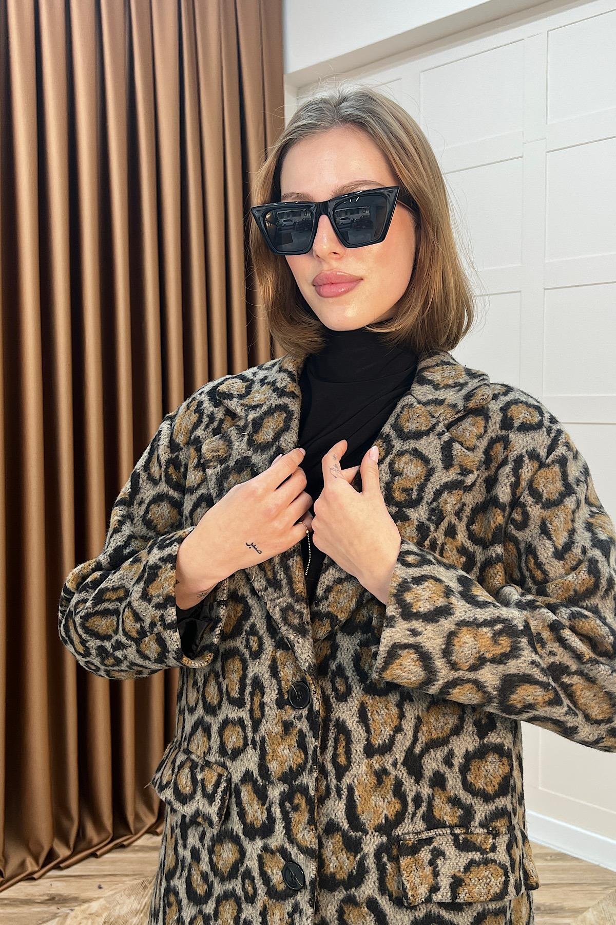 Leopar Desen Kaşe Kaban Kahverengi