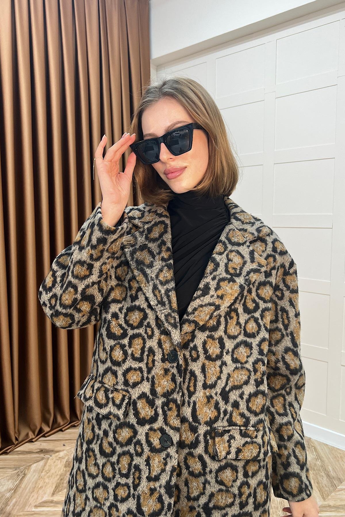 Leopar Desen Kaşe Kaban Kahverengi