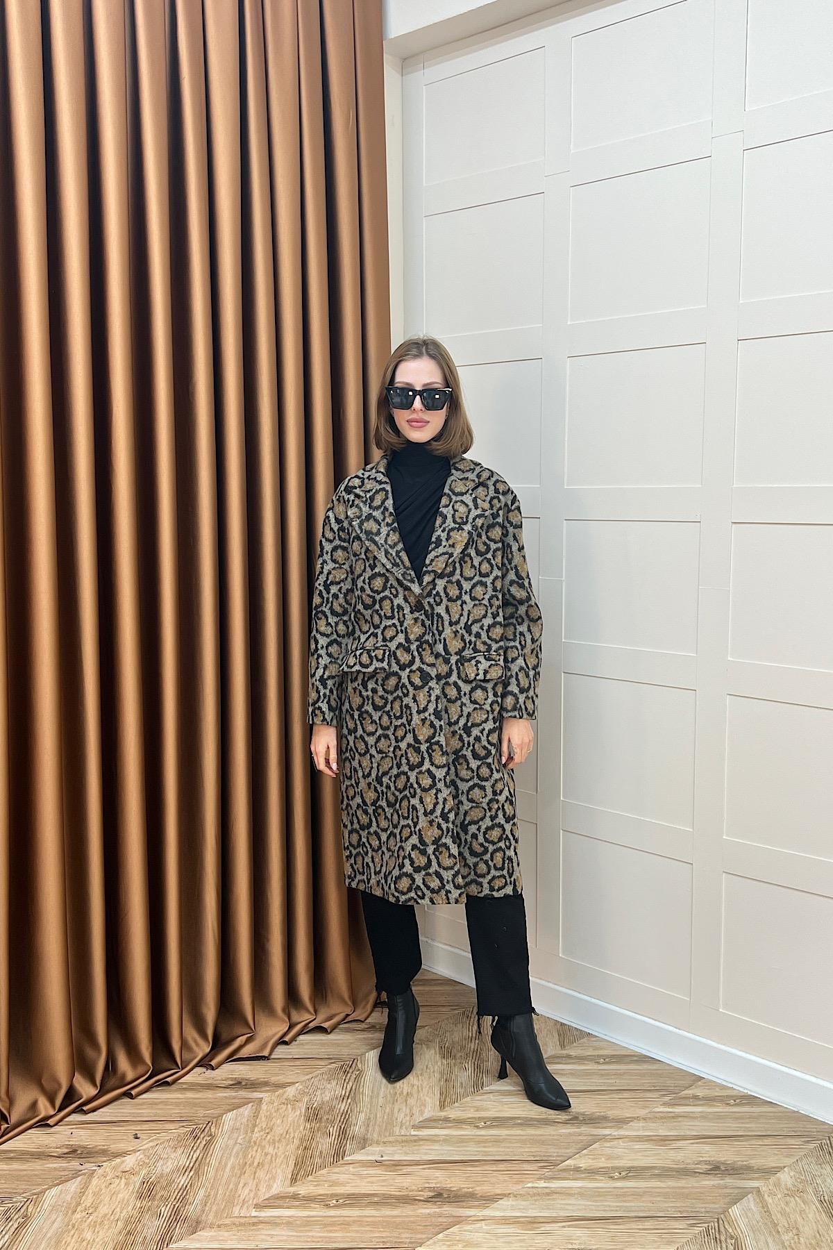 Leopar Desen Kaşe Kaban Kahverengi