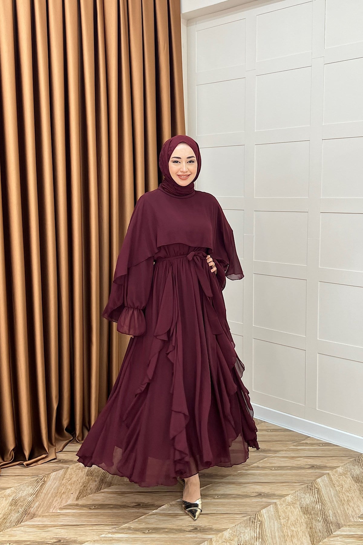 Lovely Şifon Fırfırlı Elbise Bordo