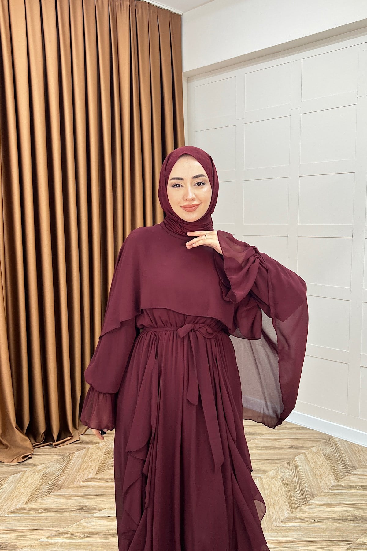 Lovely Şifon Fırfırlı Elbise Bordo