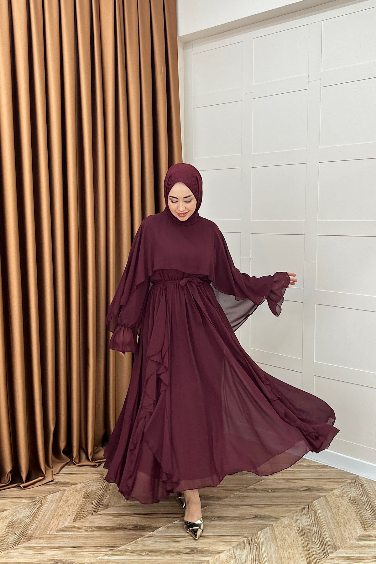 Lovely Şifon Fırfırlı Elbise Bordo