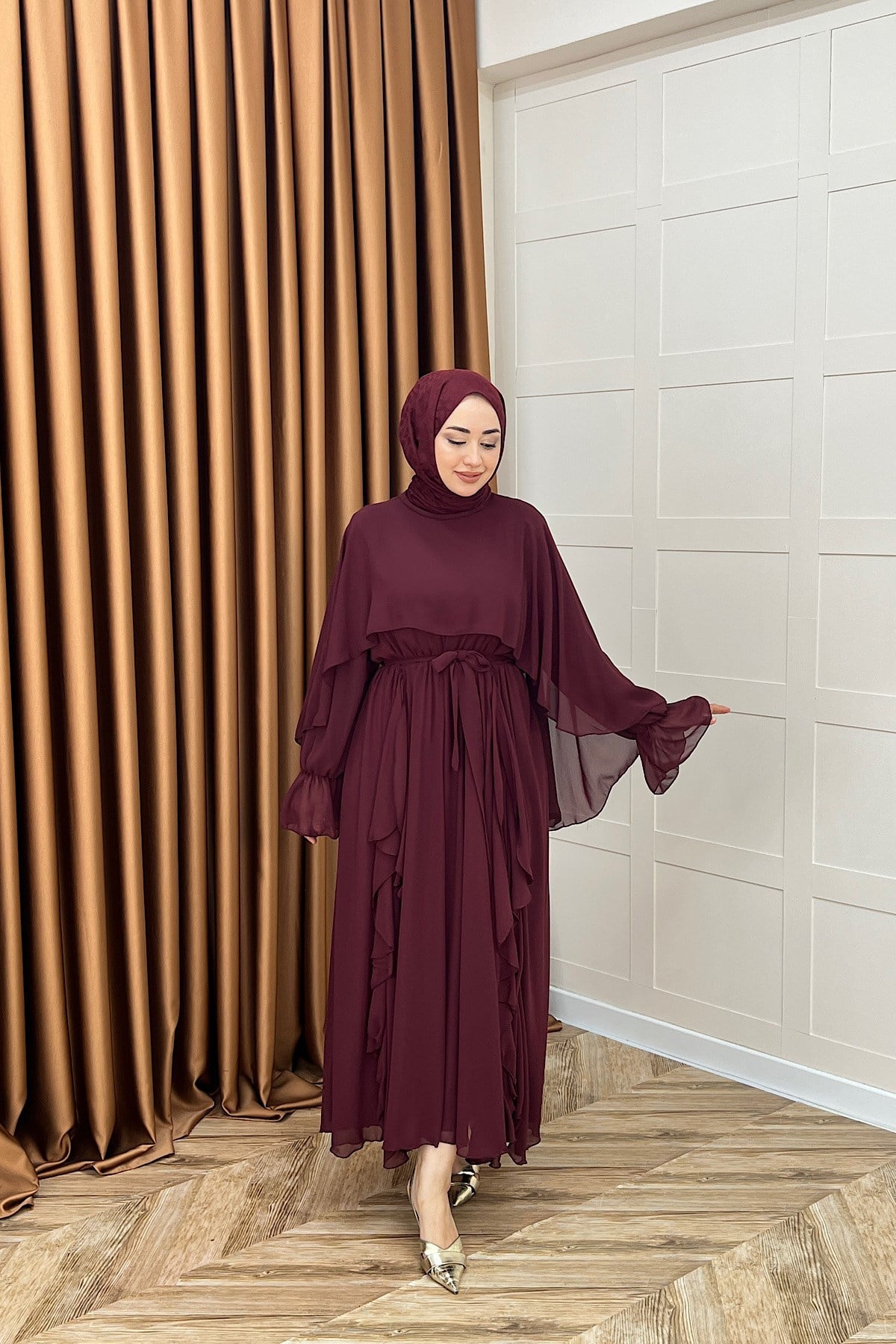 Lovely Şifon Fırfırlı Elbise Bordo