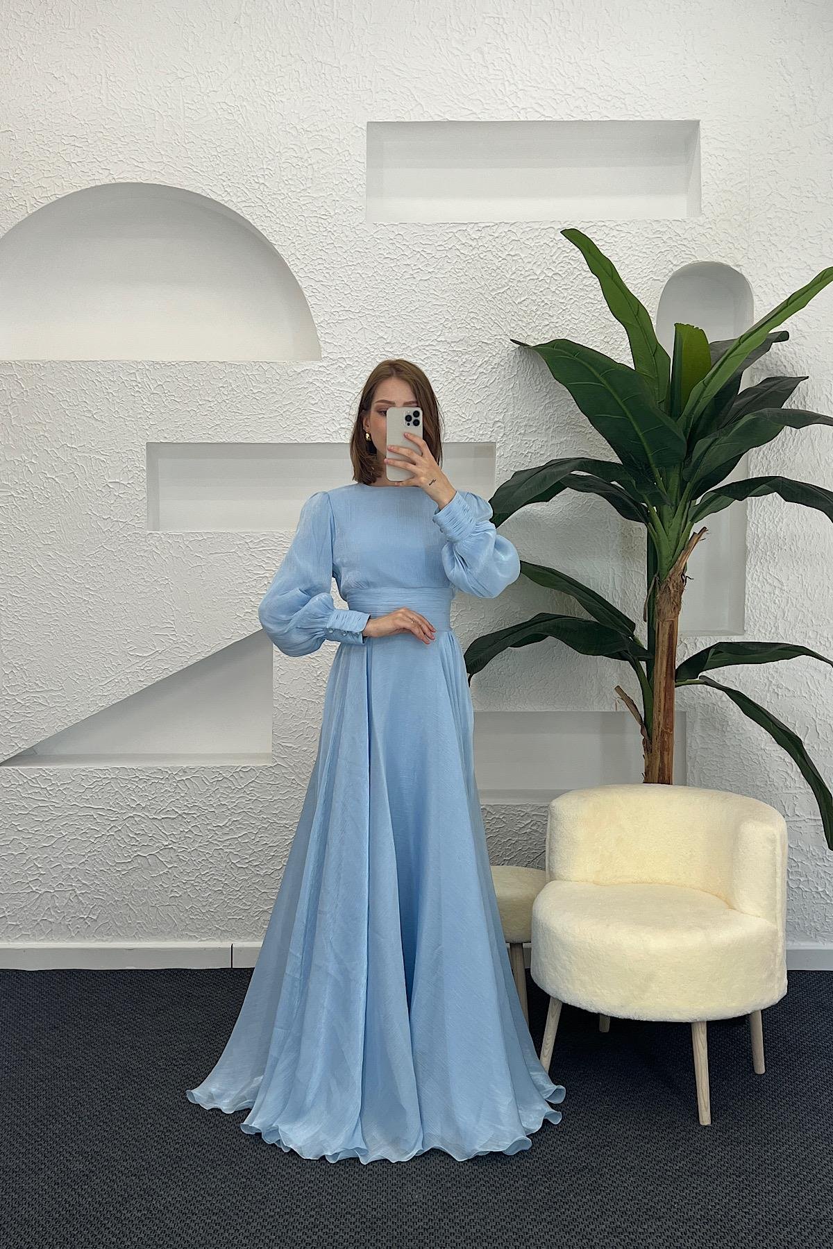 Marly Beli Piliseli Abiye Mavi