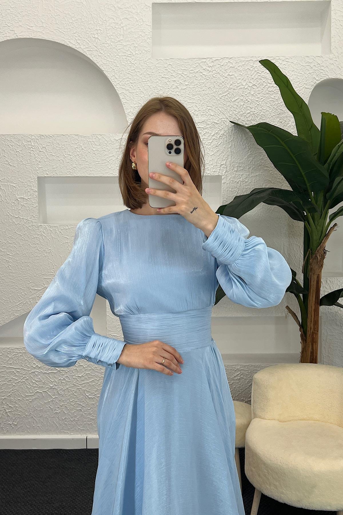 Marly Beli Piliseli Abiye Mavi