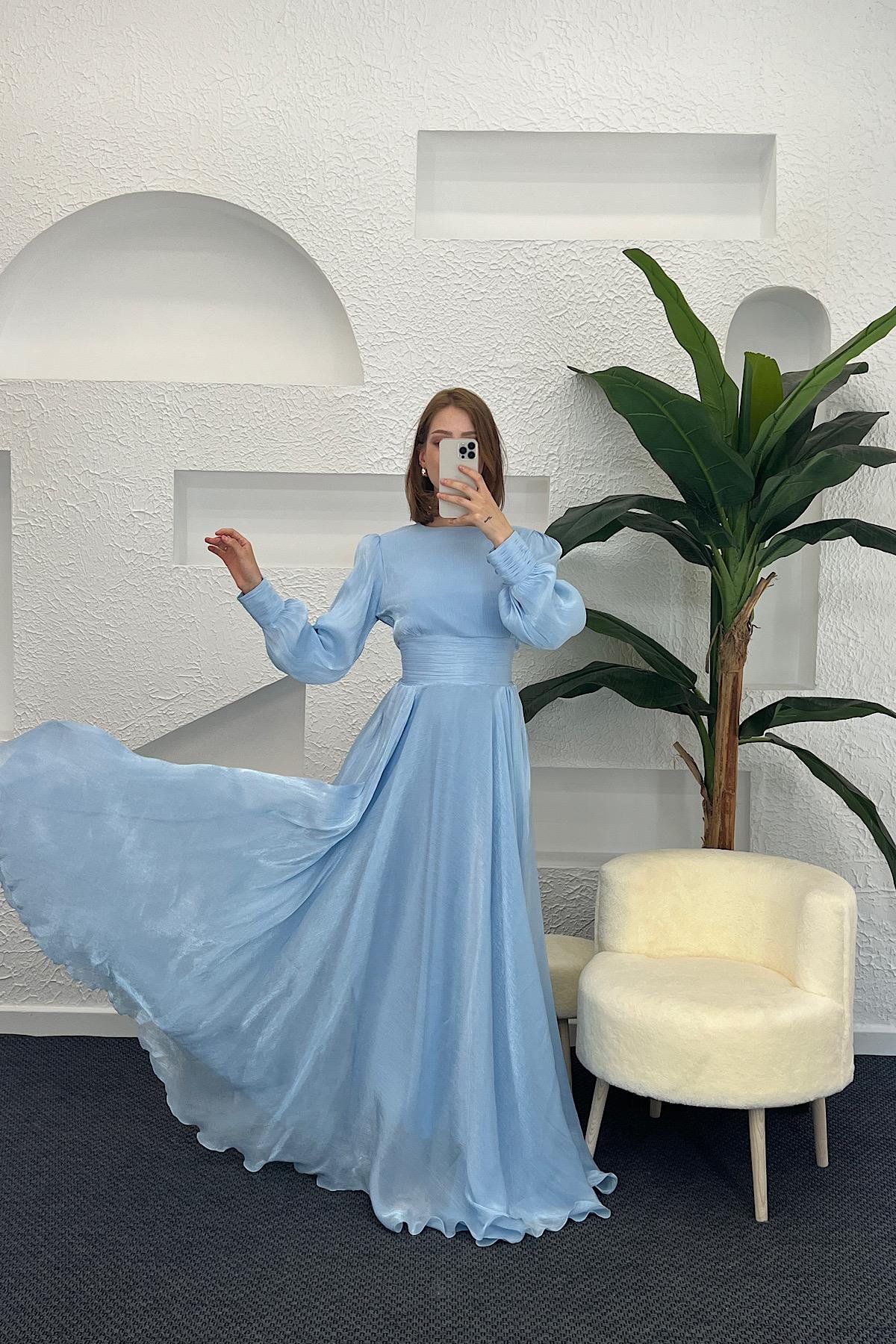 Marly Beli Piliseli Abiye Mavi