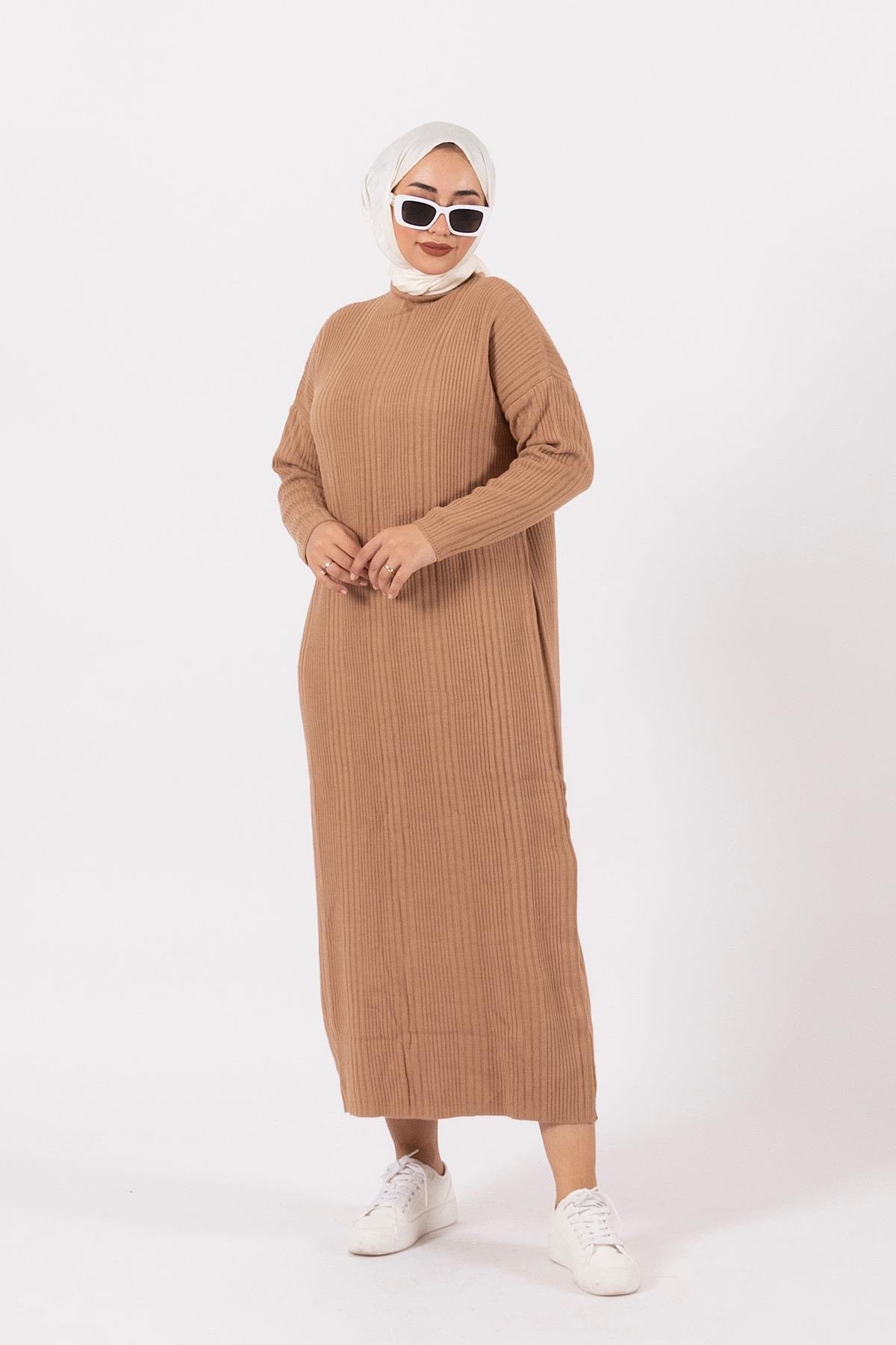 Meva Fitilli Triko Elbise Camel