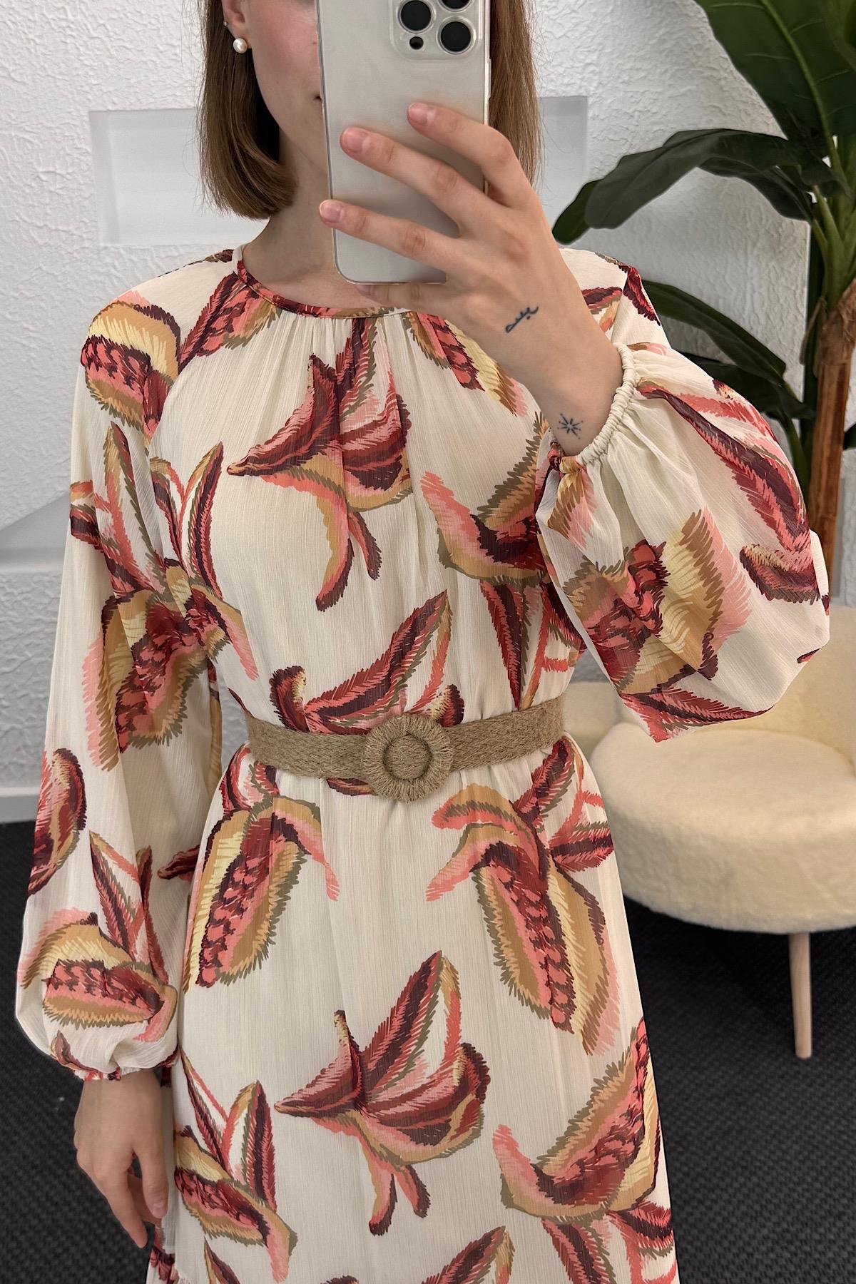 Nadya Hasır Kuşak Detay Elbise Bordo