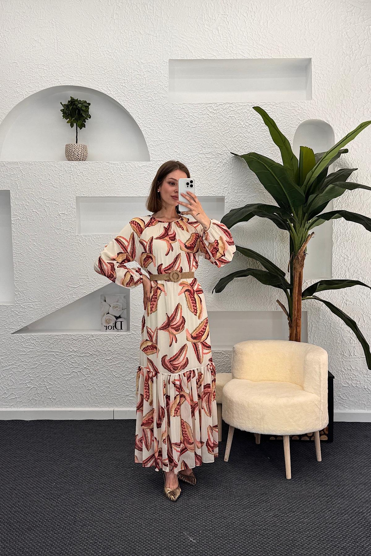 Nadya Hasır Kuşak Detay Elbise Bordo