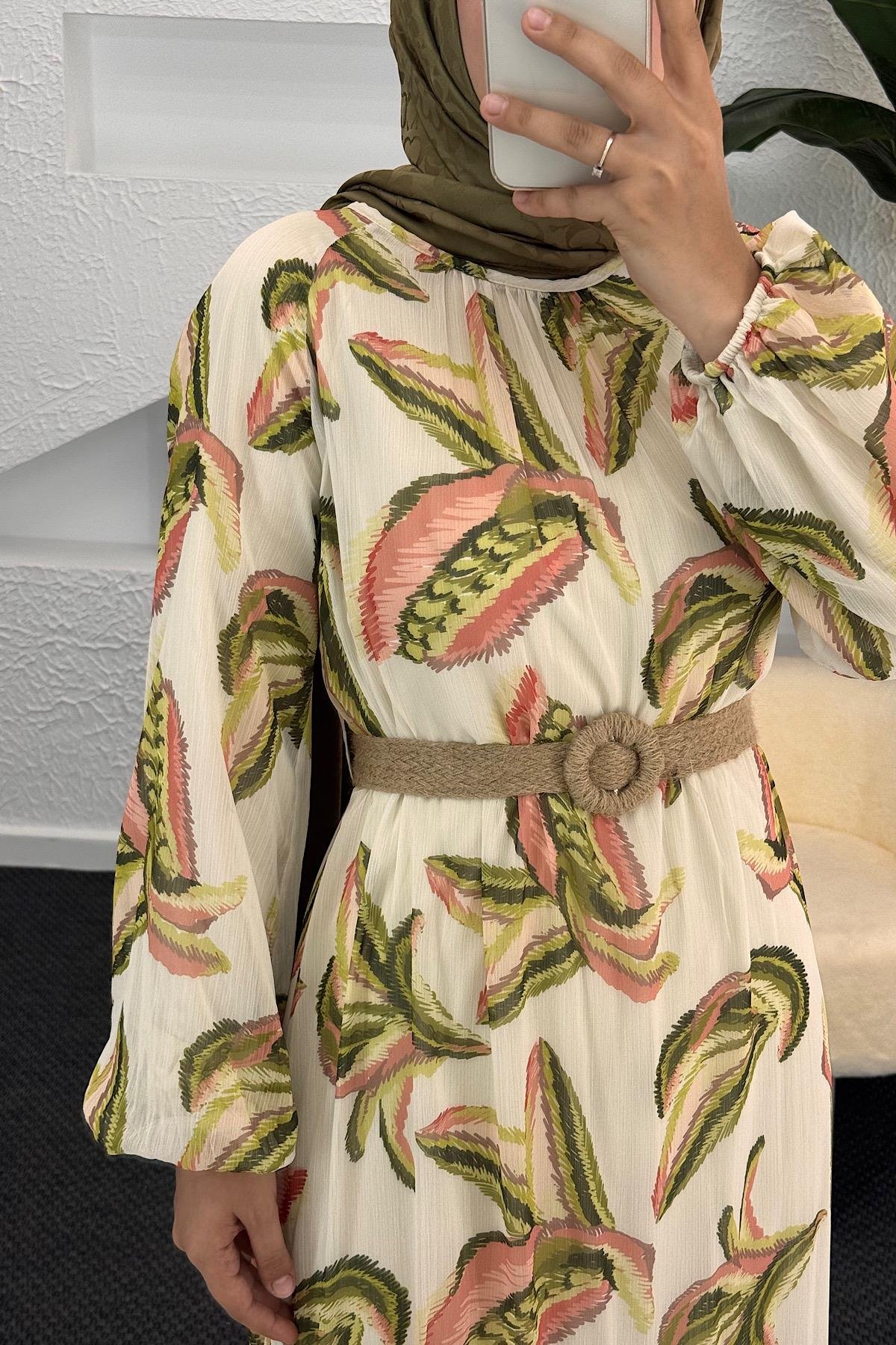 Nadya Hasır Kuşak Detay Elbise Yeşil