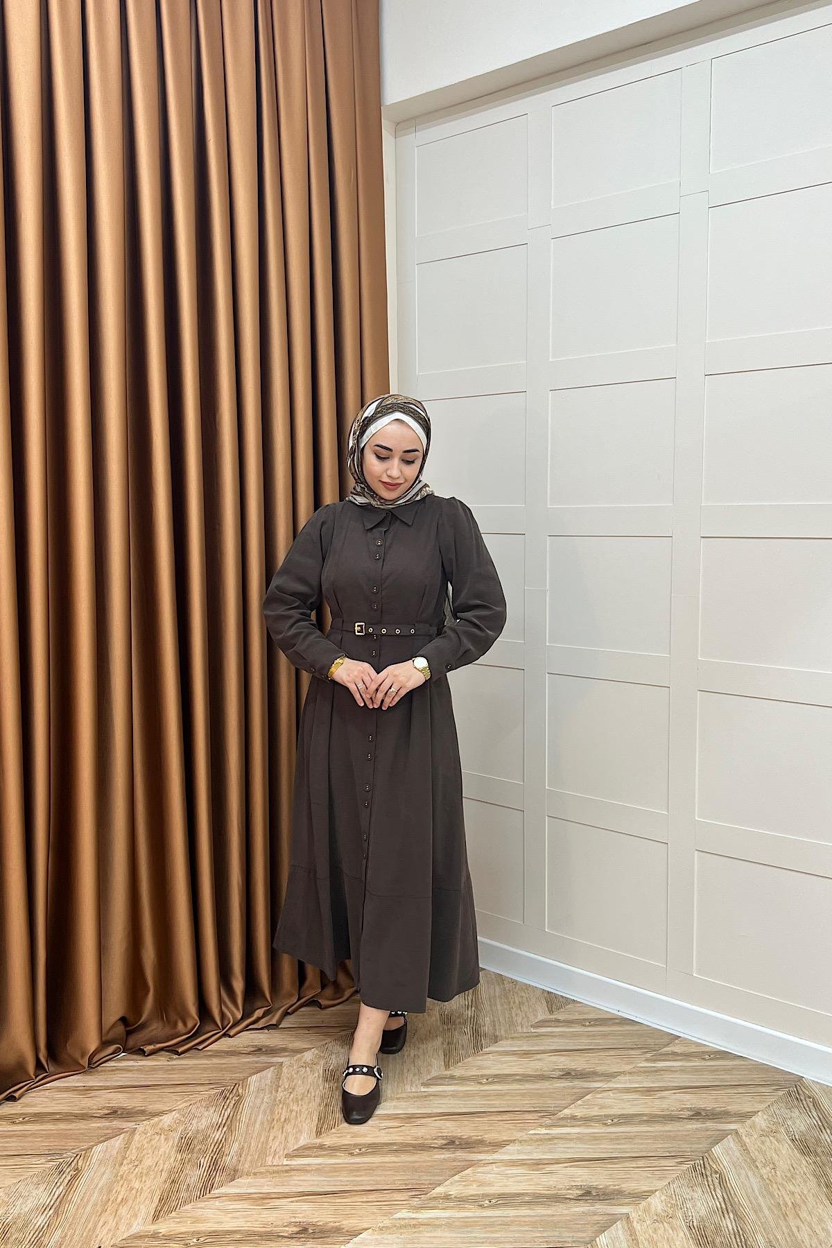 Nisa Boydan Düğmeli Elbise Kahverengi