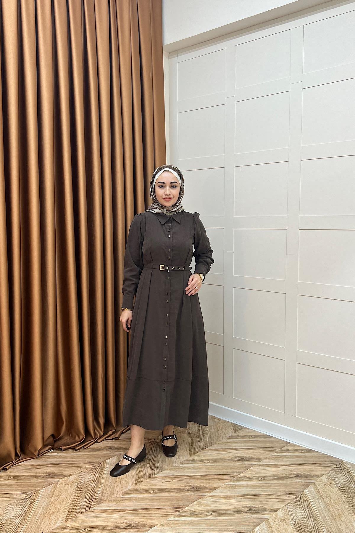 Nisa Boydan Düğmeli Elbise Kahverengi