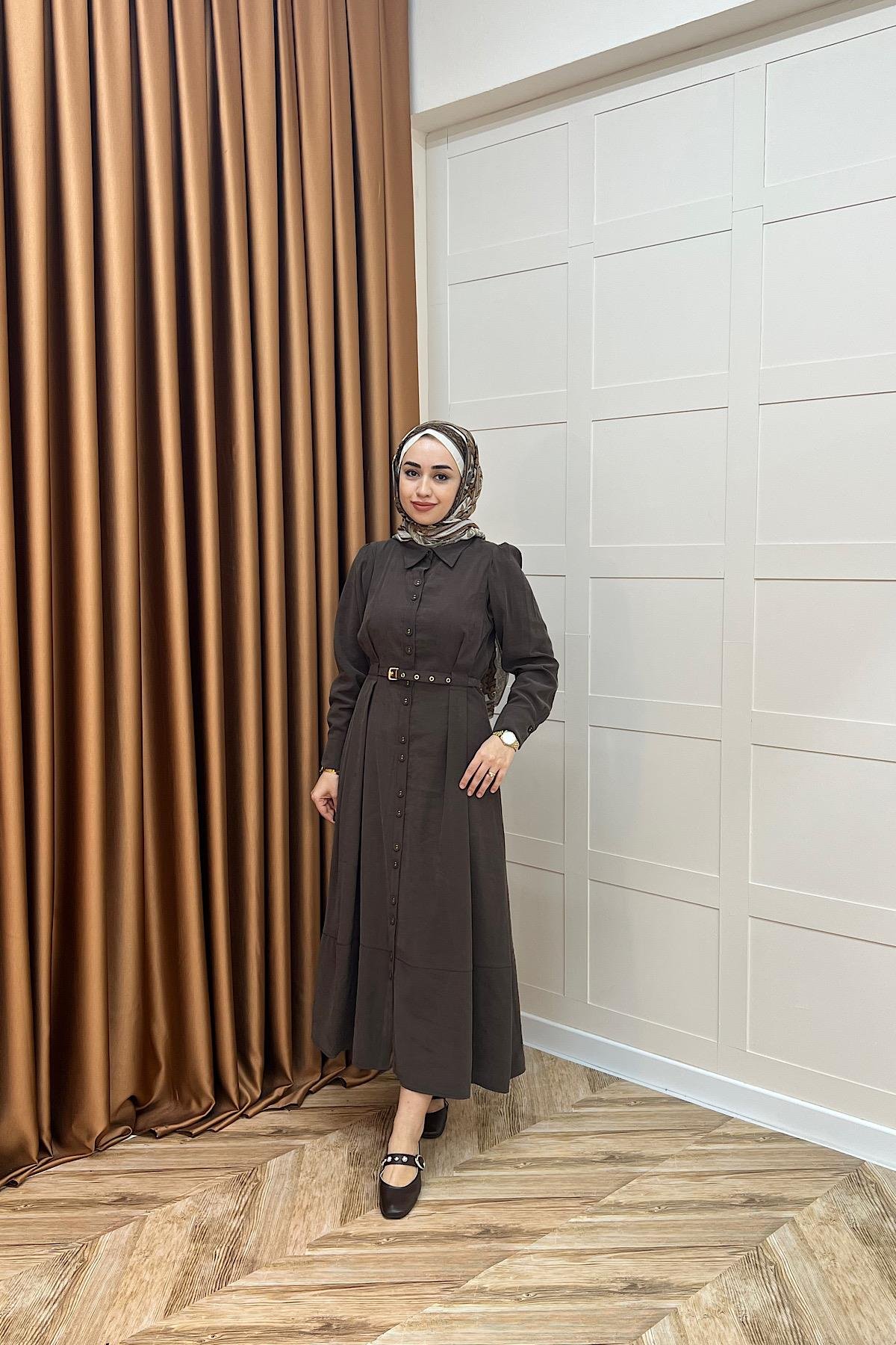 Nisa Boydan Düğmeli Elbise Kahverengi