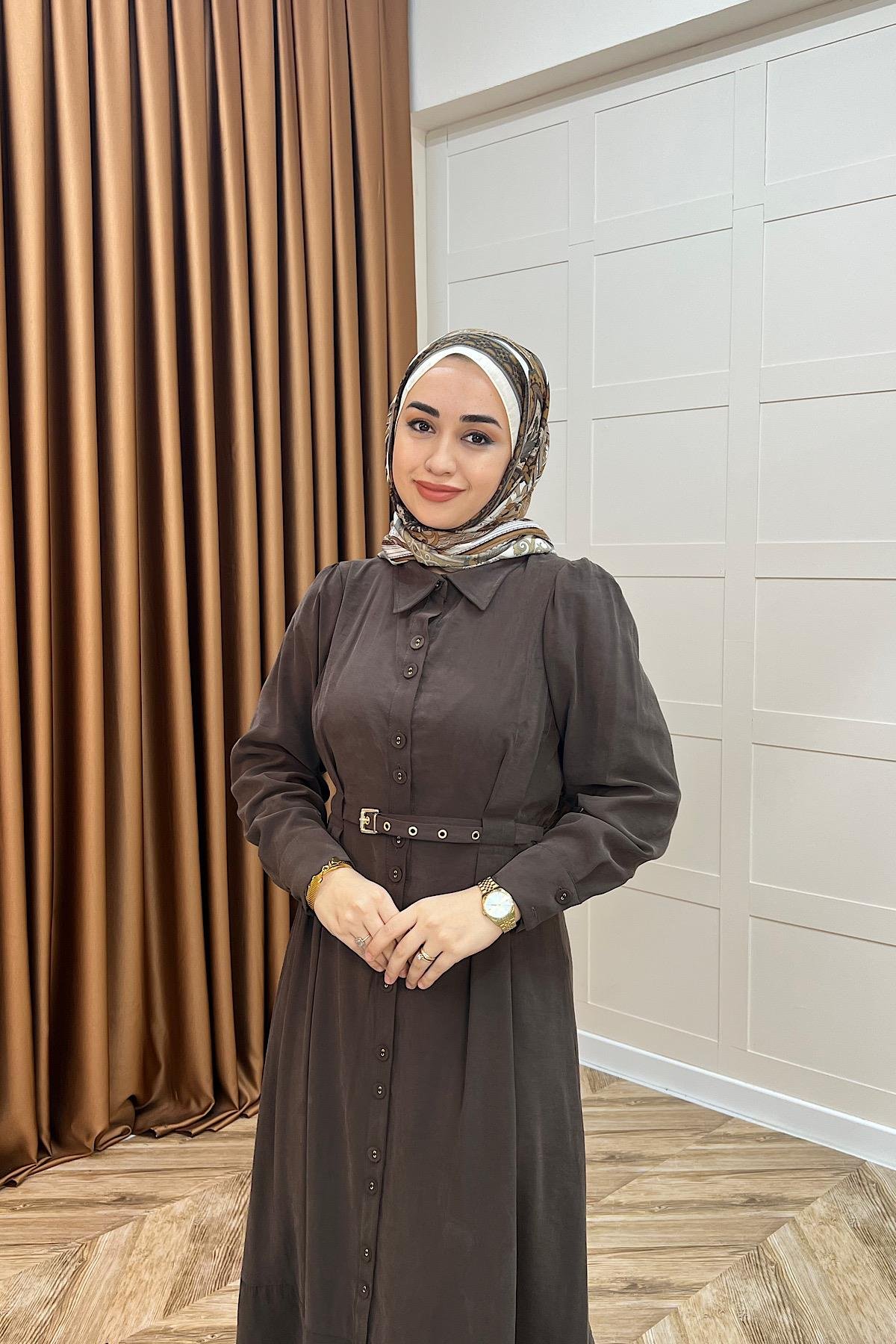 Nisa Boydan Düğmeli Elbise Kahverengi