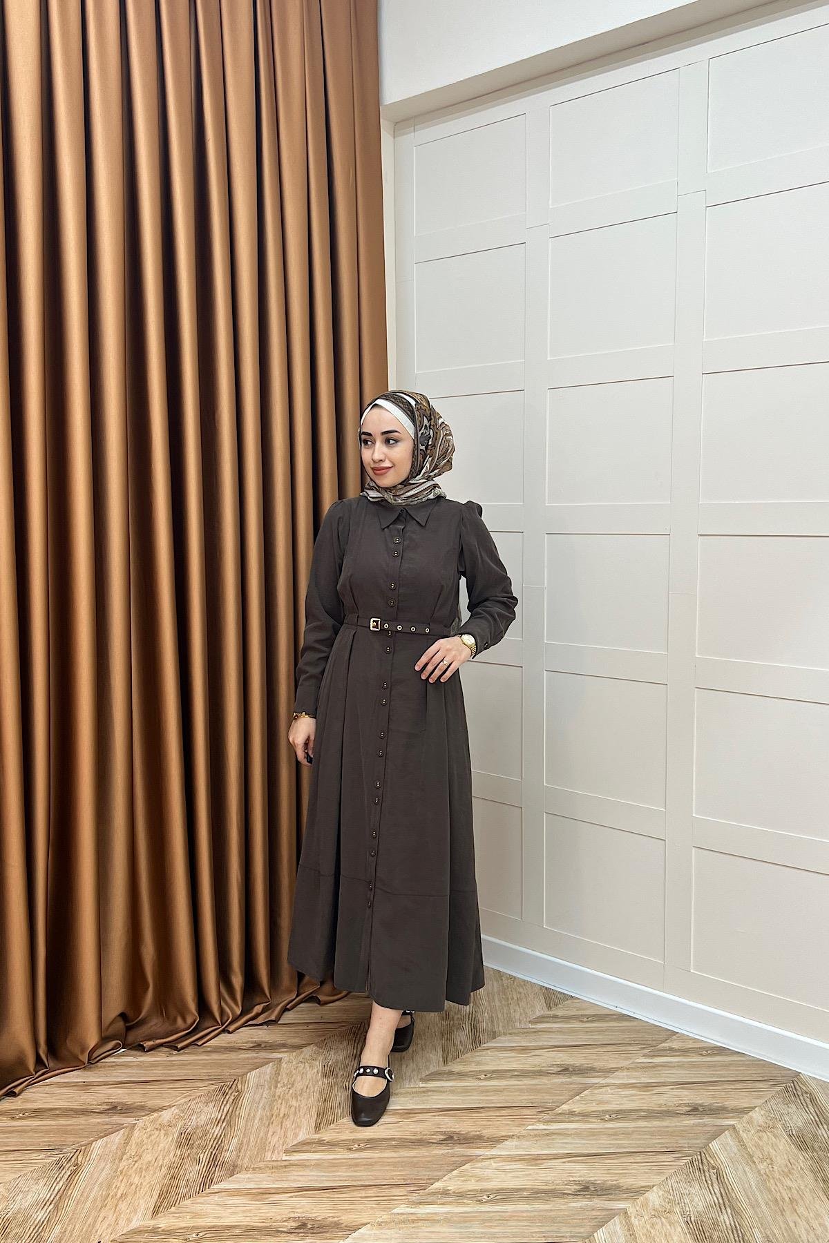 Nisa Boydan Düğmeli Elbise Kahverengi