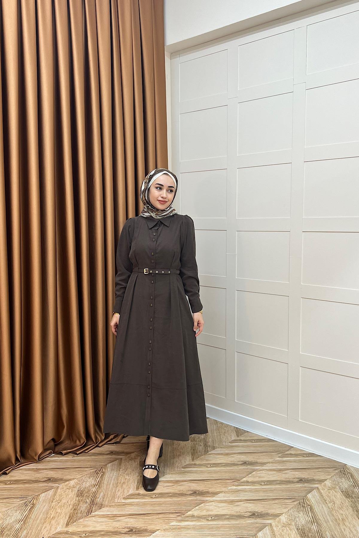 Nisa Boydan Düğmeli Elbise Kahverengi