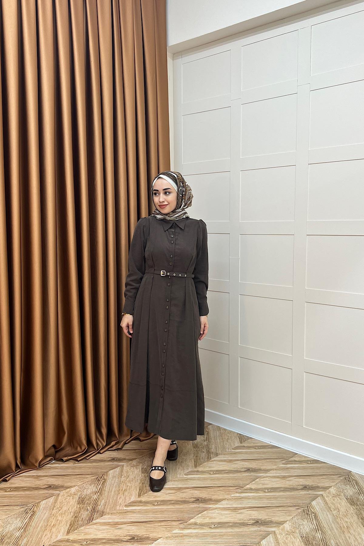 Nisa Boydan Düğmeli Elbise Kahverengi