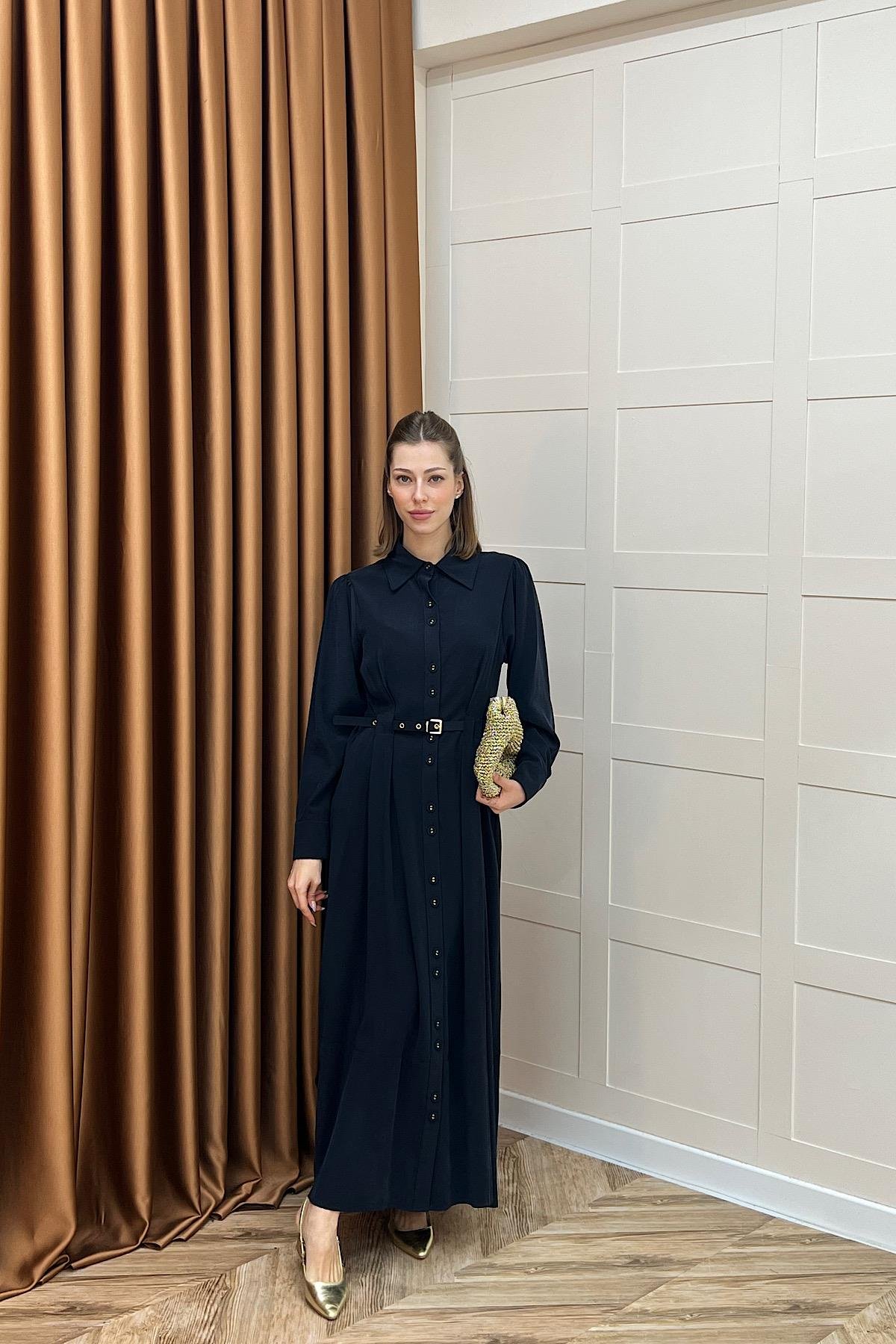 Nisa Boydan Düğmeli Elbise Lacivert